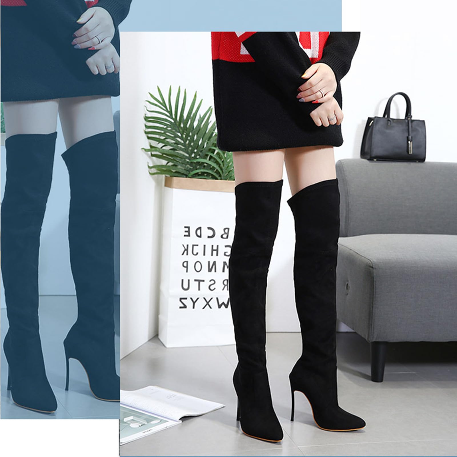 12CM/4.72IN Sexy Stiletto Tacchi Alti Stivali Coscia Punta sopra Il Ginocchio Stivali Alti Nero