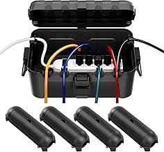 RESTMO IP54 Extra Large Outdoor Box w/ 6 Cable Seal Entry, Bundle w/ 4 Small Weatherproof Extension Cord Safety Cover, Protect Power Strip, Timer Outlet Plug, Christmas Decoration, Black.