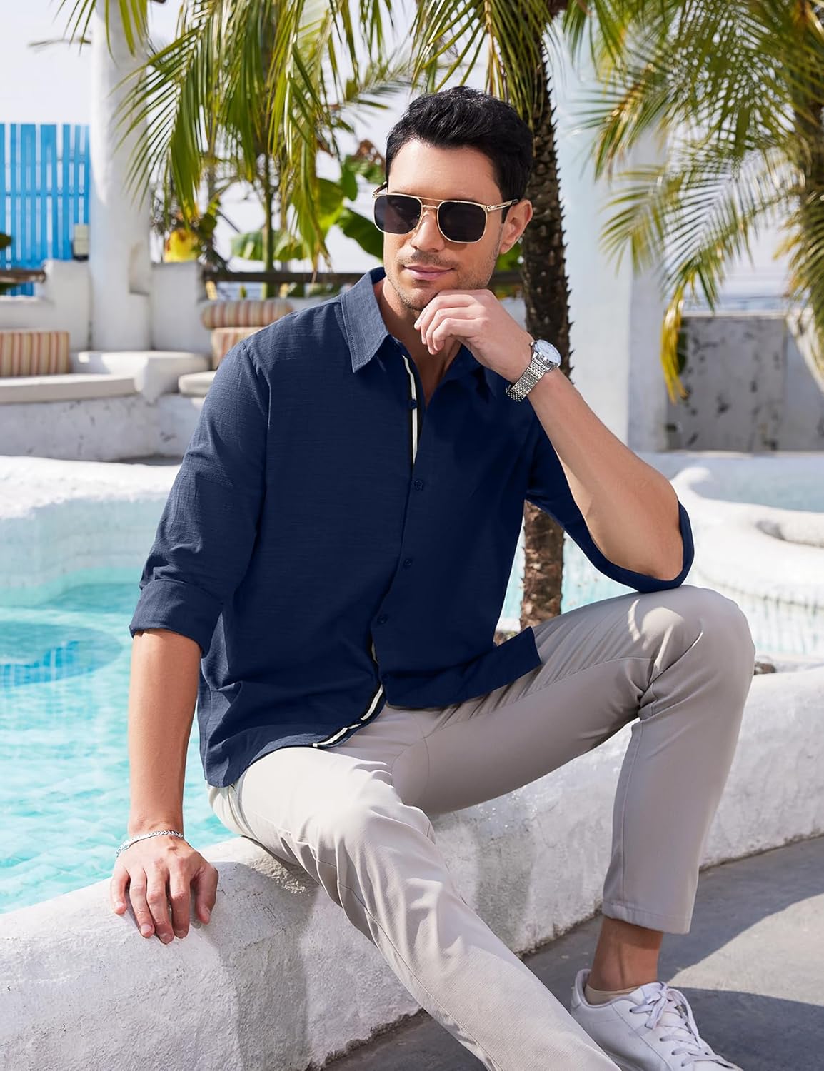 Kissonic Mens Casual Button Down Shirt Long Sleeve Untucked Denim Textured Dress Shirt - Image 5