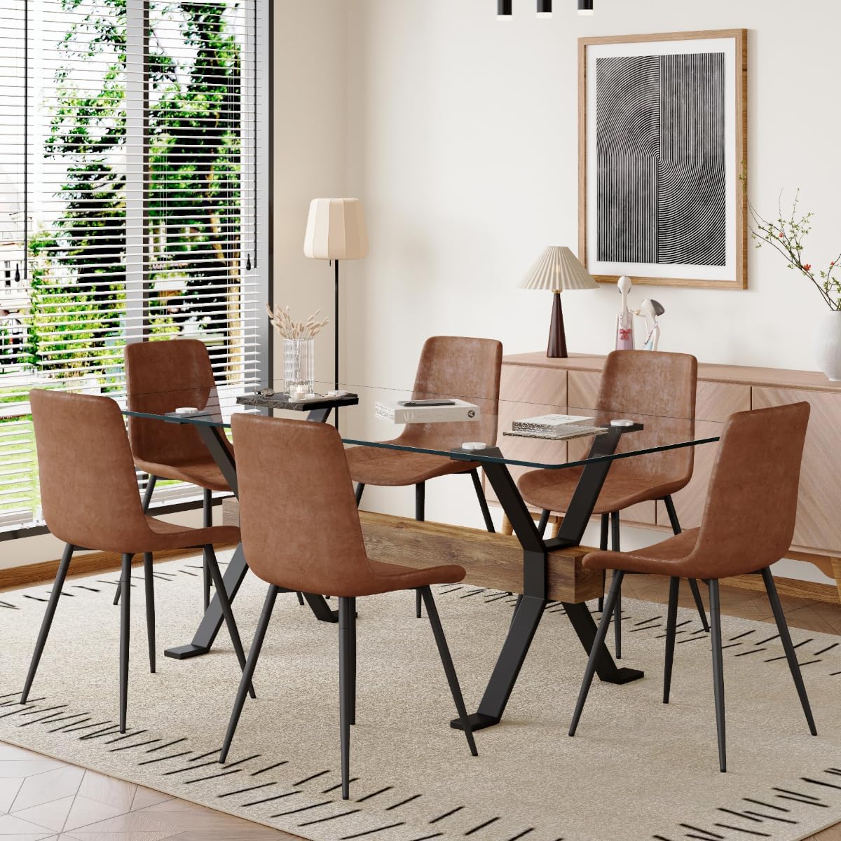 Ensemble de 6 tables de salle à manger modernes de 180,3 cm – Chaises en daim noir, pieds en X, barre transversale en bois de 1 cm d'épaisseur, plateau en verre trempé, assemblage facile, meubles de