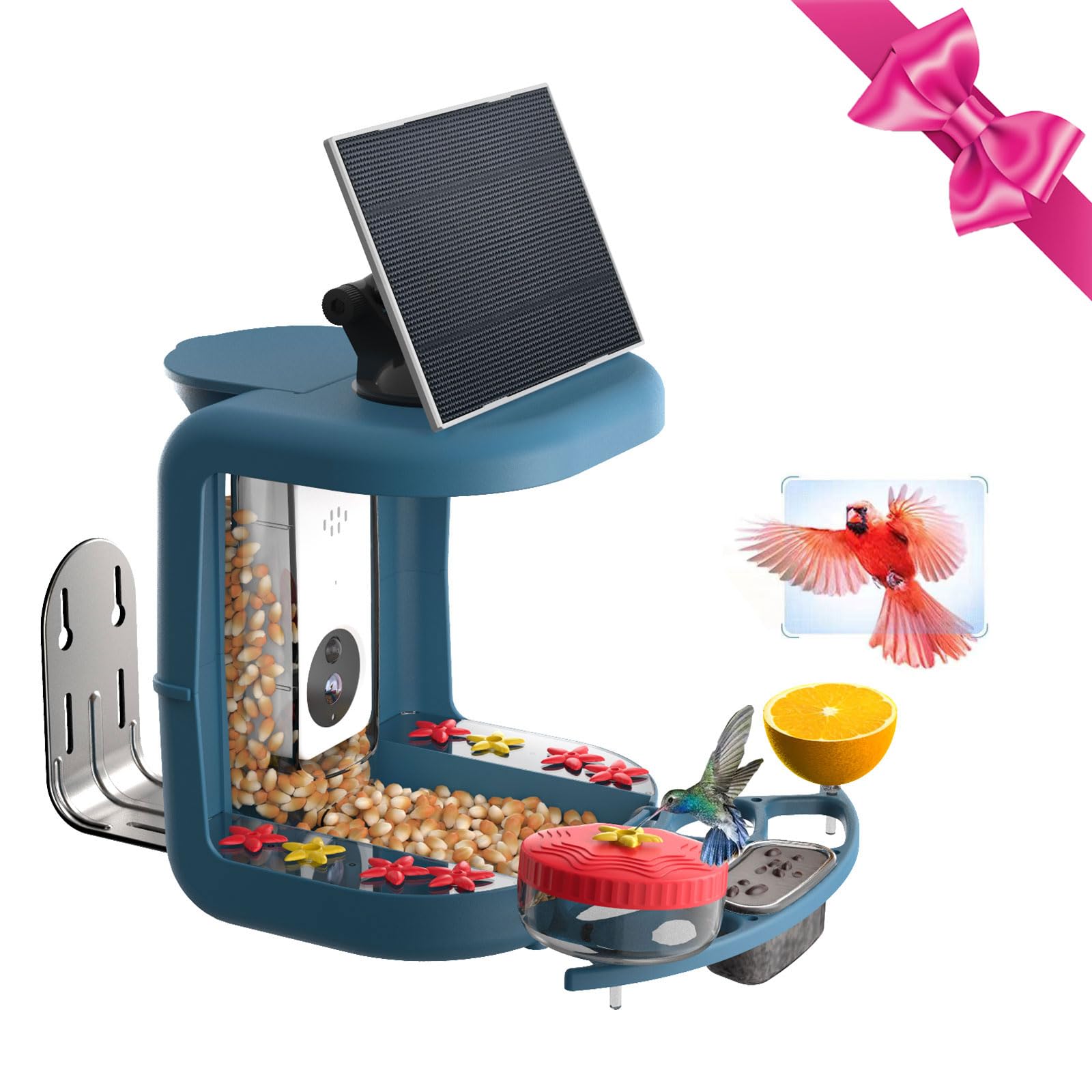 ExcyphrXyf 2K Smart Feeder with Camera Solar Powered,AI Identify Bird Species,Instant Notifications,DIY Add-ons,2 in 1 Hummingbird Feeder Camera Ideal Present for Bird Lovers