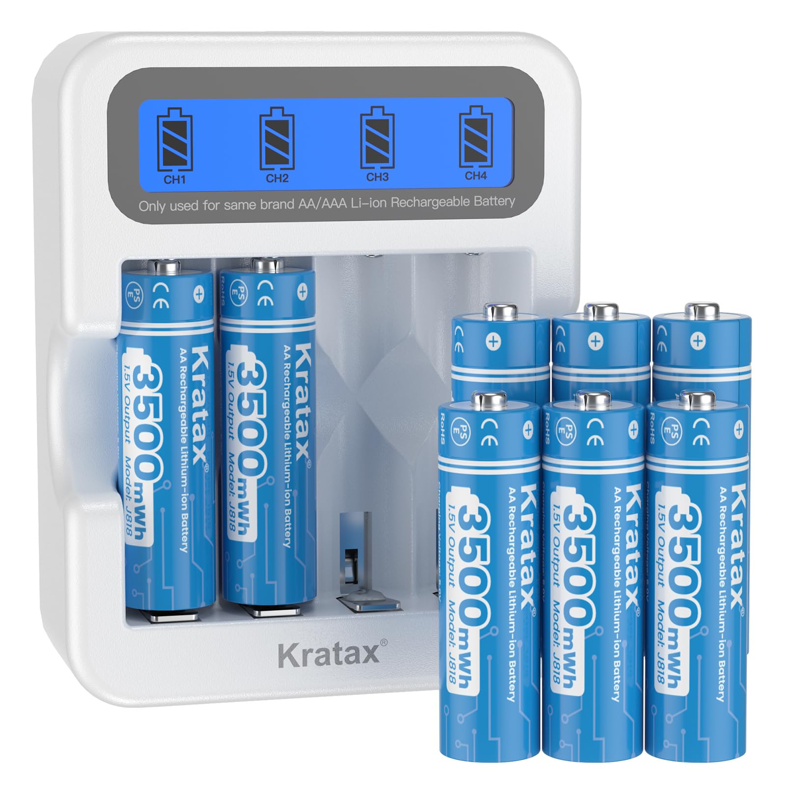 Kratax New AA Rechargeable Lithium Batteries 8 Count 1.5V Lithium ion Rechargeable AA Batteries with Low Battery Alert and 2H Battery Charger, 3500mWh
