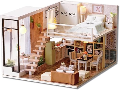 Flever Kit de casa de muñecas en miniatura, habitación creativa con escena de apartamento tipo loft para regalo romántico de obras de arte (vida