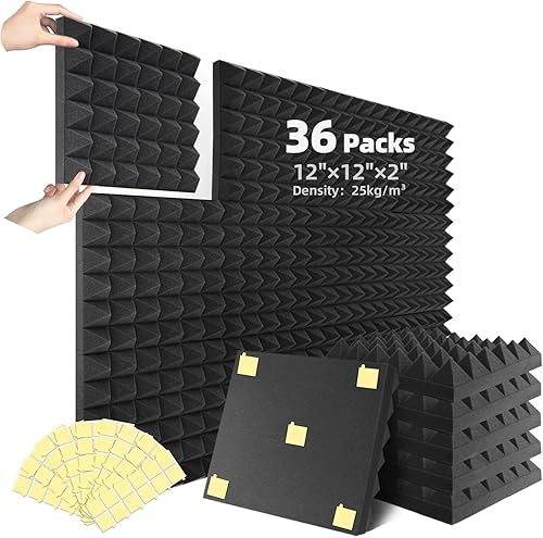 36 paquetes de paneles de espuma acústica pirámide de 2 x 12 x 12 pulgadas, paneles de espuma a prueba de sonido de alta densidad para paredes,