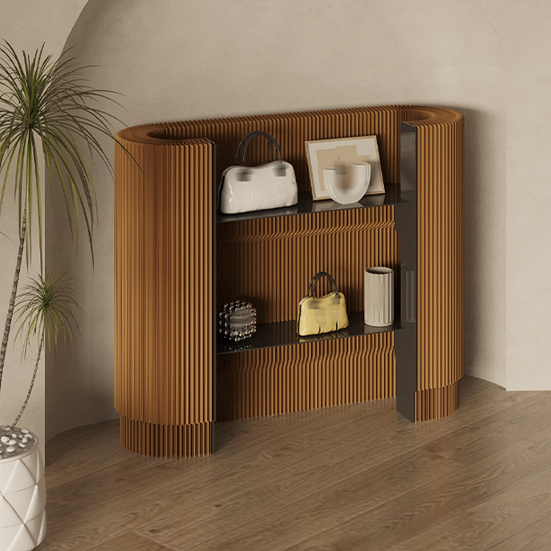 Modern Reception Desk,Retail Checkout Counter Desk Receptionist Table,Front Office Desk,Curved Portable Check Out Stand for Craft Shows,Display Rack,for Small Spaces,Bar,Store,Hotel,Lobby(Brown)