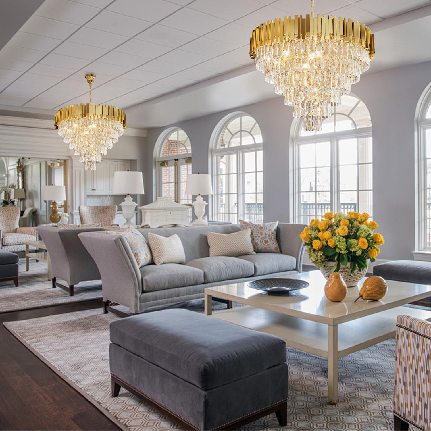 Modern Crystal Chandelier 32" Round K9 Crystal Ceiling Light Adjustable Gold 6-Tier Chandelier with 13 Lights Elegant Fixture for Dining Room Living Room Foyer