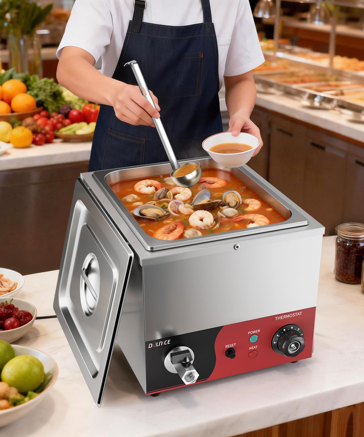 Bain Marie - Calentador eléctrico GN 1/2 con reinicio, 600 W, acero inoxidable, con grifo de desagüe, para fiestas, catering y restaurantes, 30-85 °C