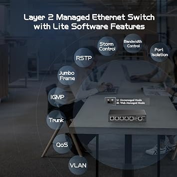6 Port 10G Switch, 4 x 2.5G RJ-45 Base-T Ports, 2 x 10G RJ-45 Ports, Web Managed/Unmanaged, Metal Fanless Managed Multi-Gigabit Desktop/Wallmount Binardat Network Switch