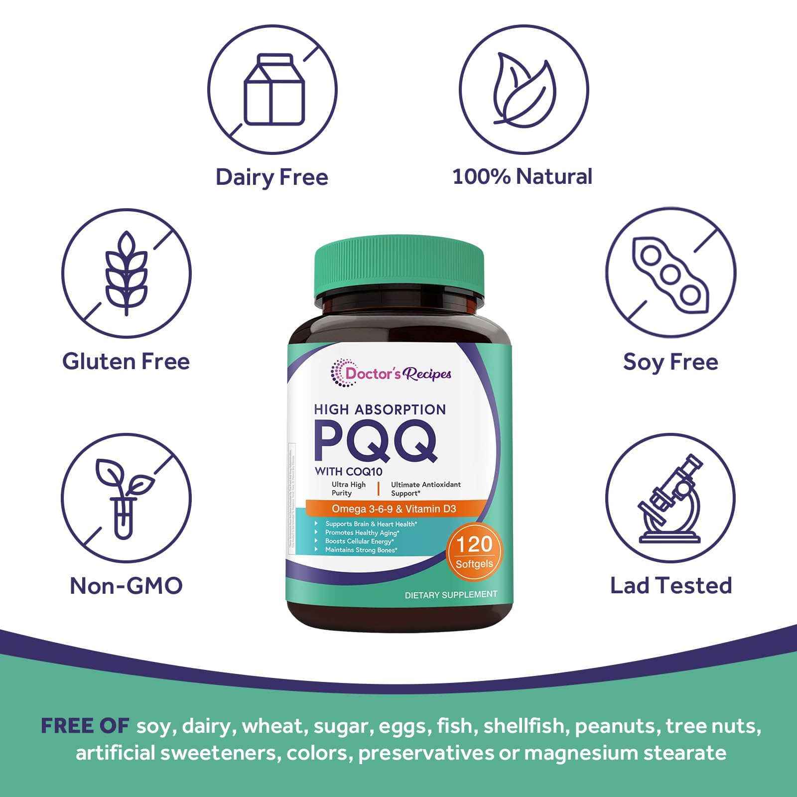 Doctor's Recipes PQQ Supplement 40 mg with CoQ10, Omega 3-6-9 Essential Fatty Acids, Highly Purified and Bioavailable, Brain Energy Heart Health, Pyrroloquinoline Quinone Disodium Salt, 120 Softgels — Amazon image 5