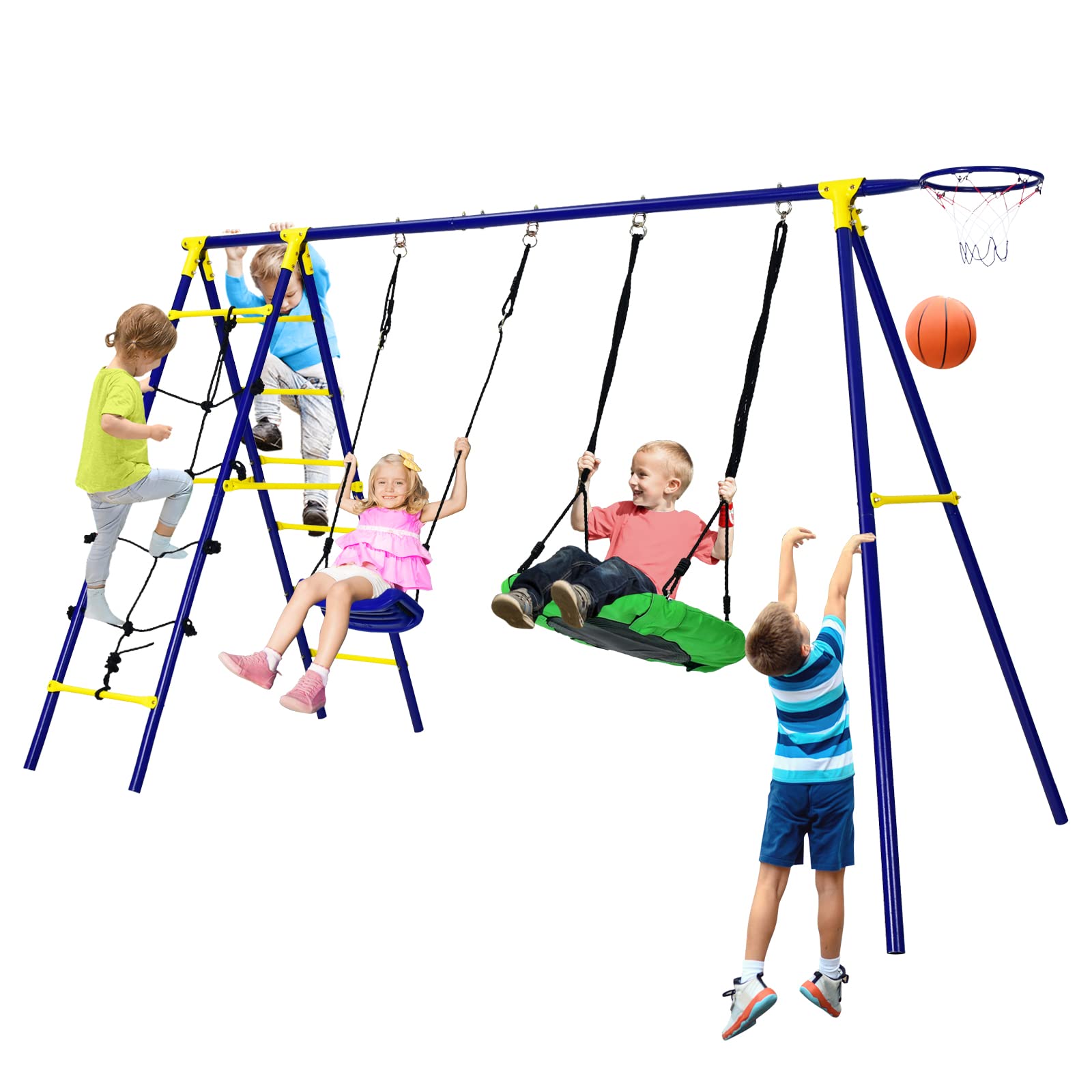 KOMFOTTEU Set di altalene per bambini, struttura da gioco 5 in 1 con 2 altalene, altalena da giardino, altalena doppia per bambini all'aperto