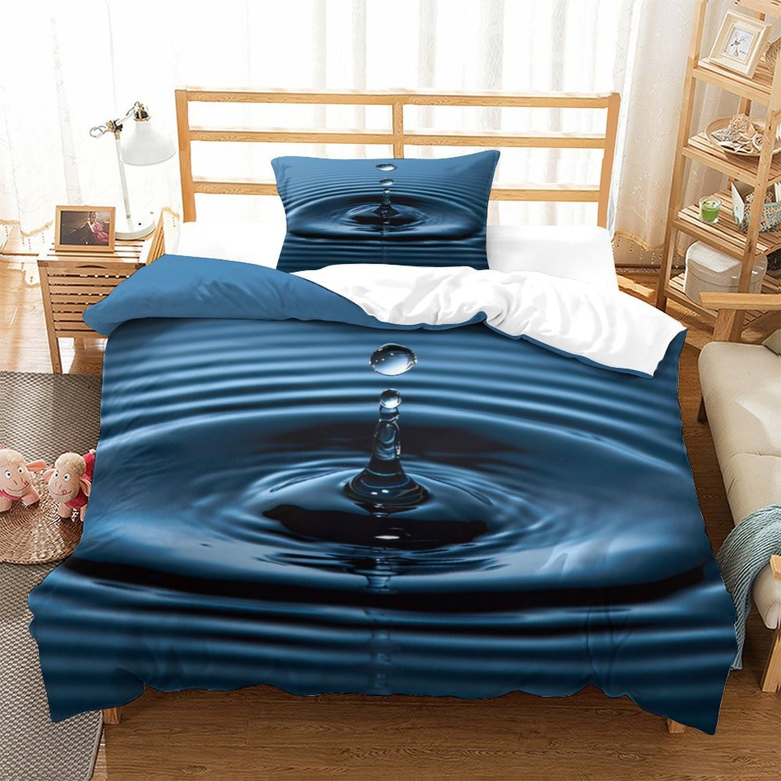P1s9u7w5y Water Ripple-8 Wave Drop 3D Printing Microfiber Duvet Cover Set 3Pcs Blue Water Ripple Bedding Set Single（135X200cm）