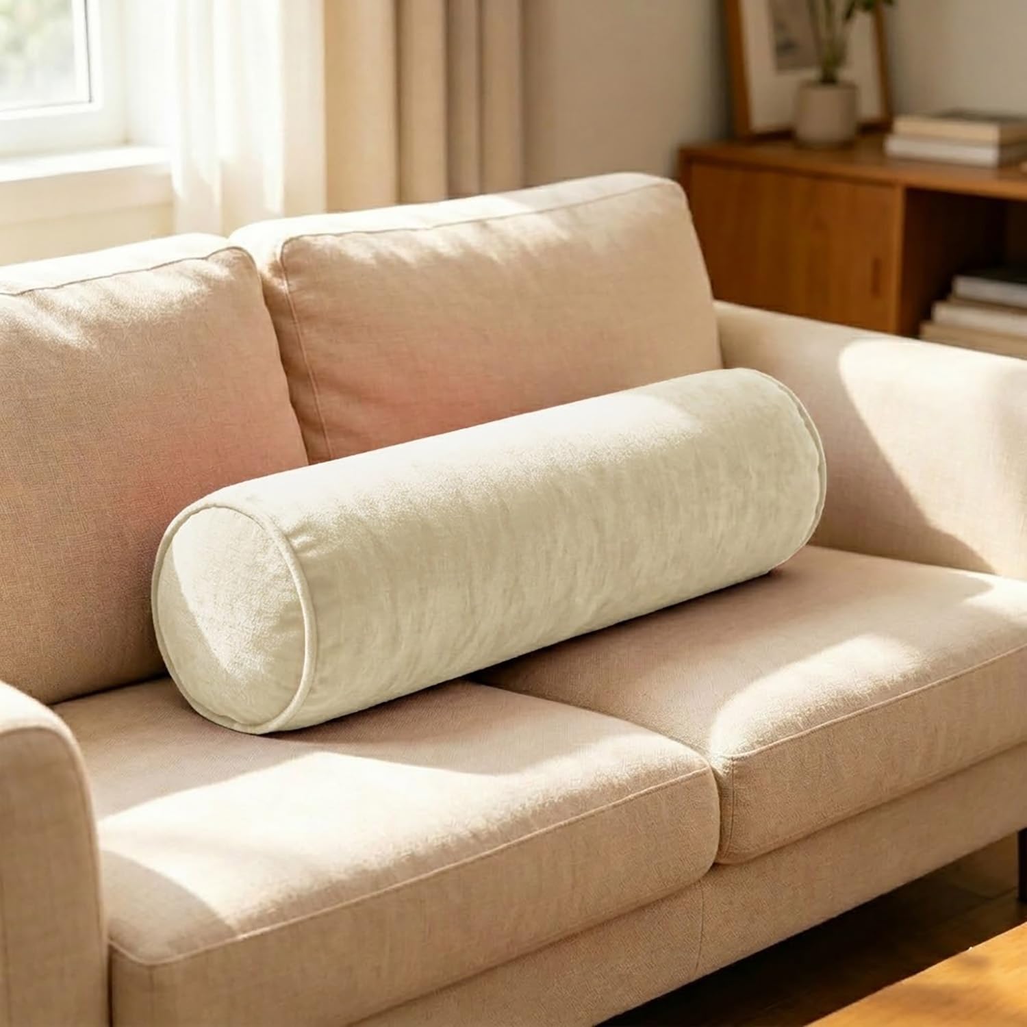 Generico Cuscino Cilindrico a Rullo 40cm 50cm 60cm 70cm 80cm 90cm, Cuscino Tubolare in Ciniglia Sfoderabile e Lavabile, Supporto in Spugna 50D per Lettura Letto, Divano e Relax(Beige,20x80 cm)