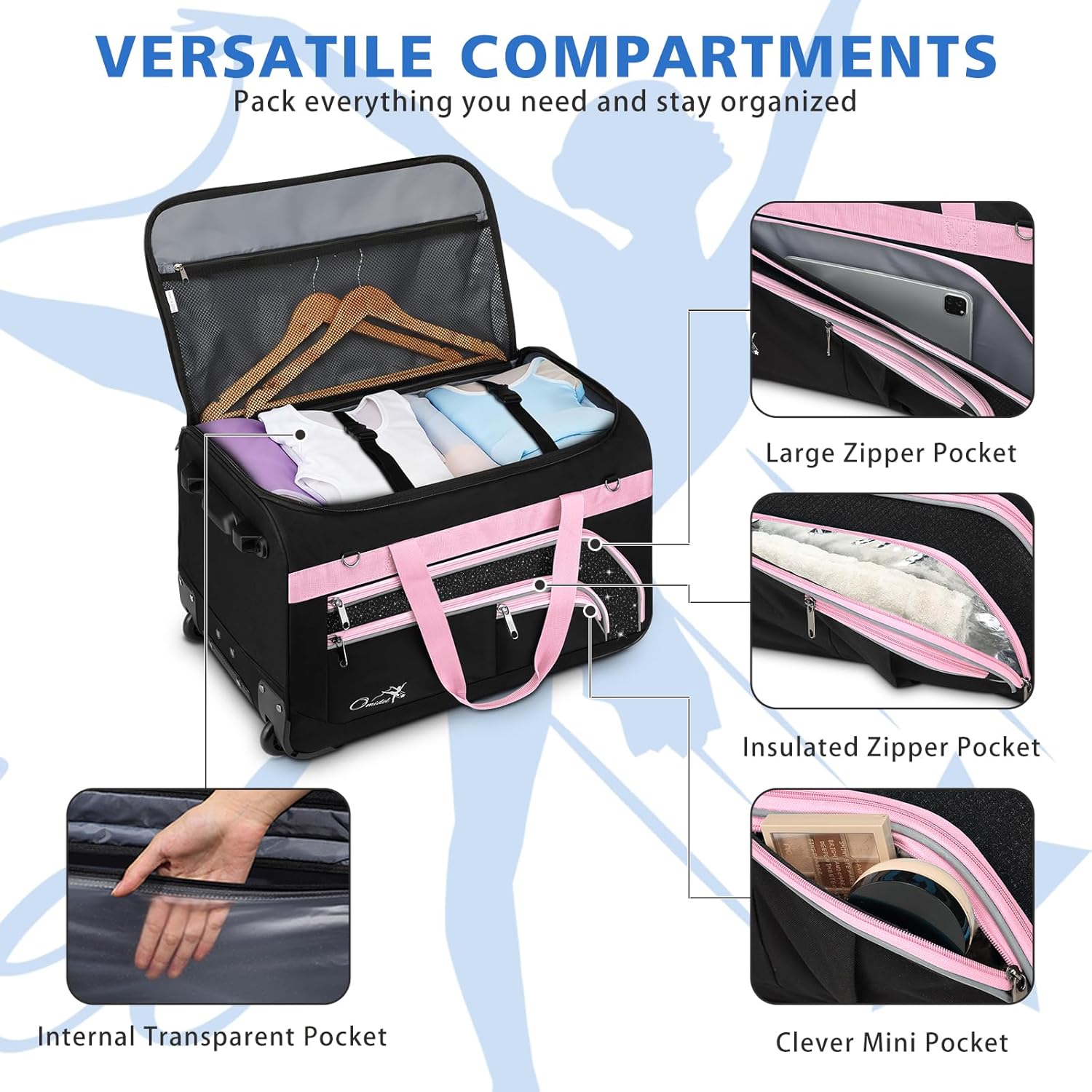 Dance Bag with Garment Rack, 28" Rolling Dance Suitcase Competition Duffle Bag with Garment Rack & Wheels | Versatile Compartments, Upgraded Stable System for Dance Shows, Travel, Cheer, Recital