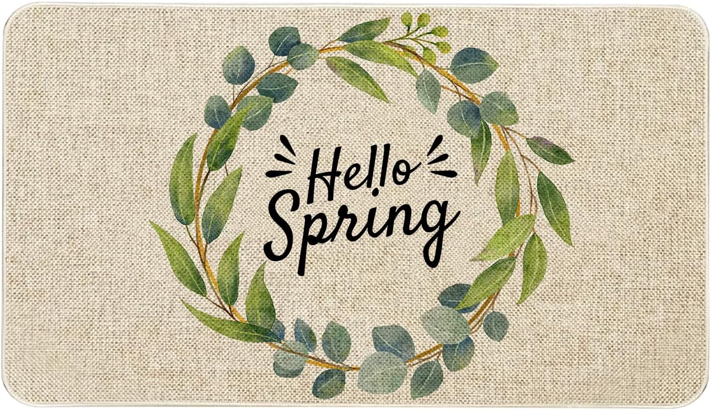 Roszwtit Spring Door Mat 30 X 17 Inch Hello Spring Eucalyptus Wreath Doormat Indoor Outdoor Entrance Floor Mat Non Slip Spring Decor Rubber Mats