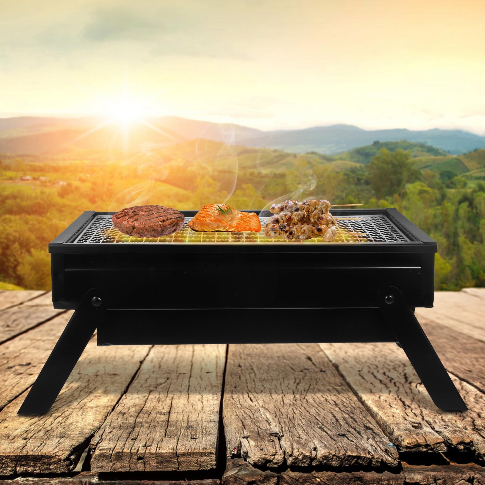 Griglia Barbecue Portatile Pieghevole in Acciaio Nero