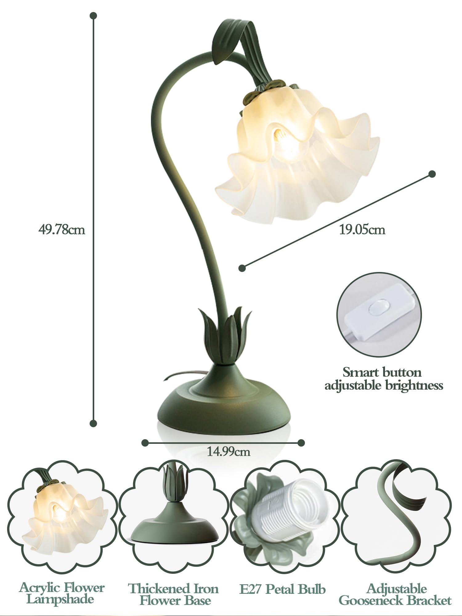 WLHBF Flower Table Lamp,LED Reading Light Bedside Vintage Flower Night Light,3 Colours Modes Bedside Lamps Decor,with E27 Bulb Nightstand Lights for Living Room Office Bedroom Home Decoration - Image 4