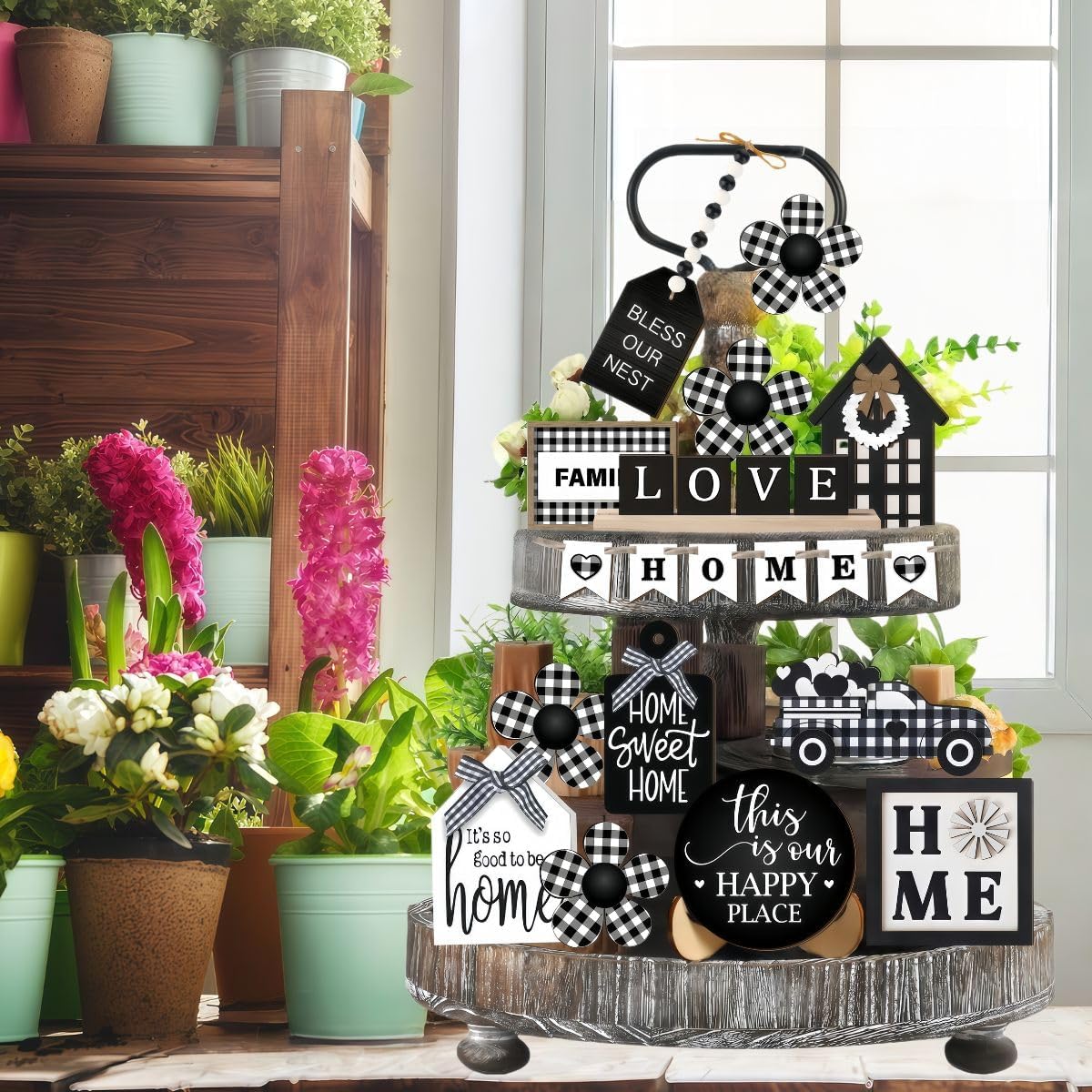 23Pcs Farmhouse Home Tiered Tray Decor Set - Rustic Wooden Tabletop Decorations with Vintage Country Style for Kitchen, Living Room, Shelf & Coffee Bar | All-Season Home Decor Accents(No Tray) image 5