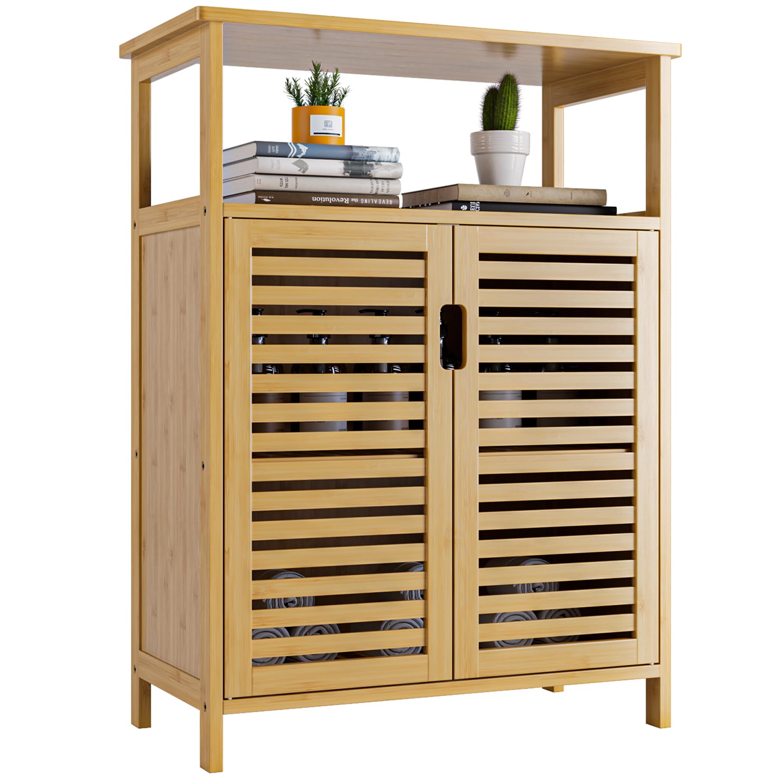 HITNET Bathroom Cabinet Freestanding, Bamboo Storage Cabinet 4-Tier Floor Cupboard with Door and Shelf for Bathroom, Kitchen, Hallway, Natural
