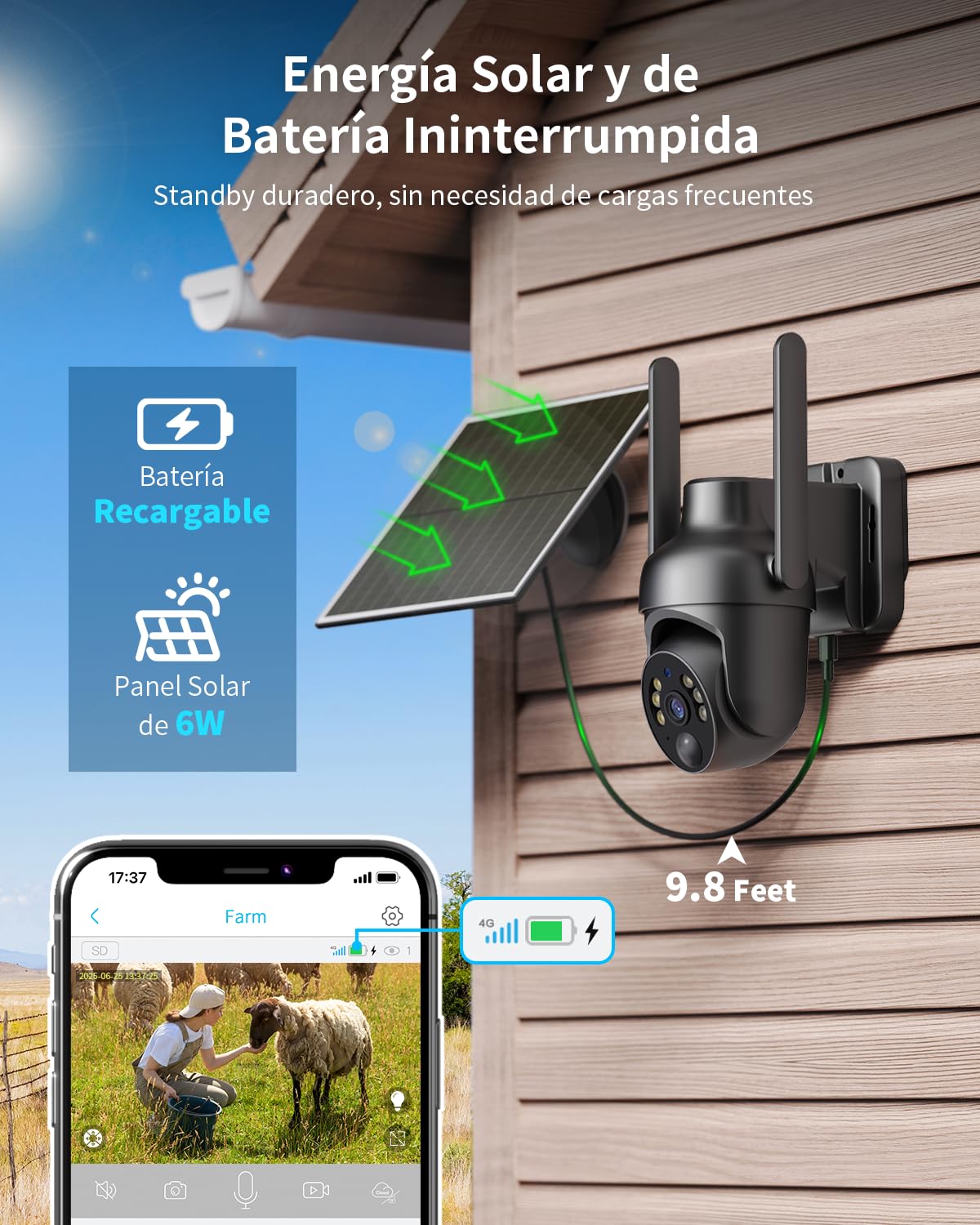 SEHMUA 4G LTE Cámara Vigilancia Exterior Solar con SIM | 2K 3MP Camara 4G Sin Cable con Batería y Panel Solar PTZ 355°/100°, Visión Nocturna Colorida, Detección De Movimiento