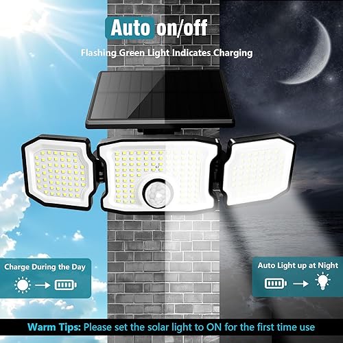 Miniatura 4 de Luces solares para exteriores, 2800 lúmenes, 200 luces LED con sensor de movimiento con control remoto, 3 cabezales y 3 modos, luces solares de