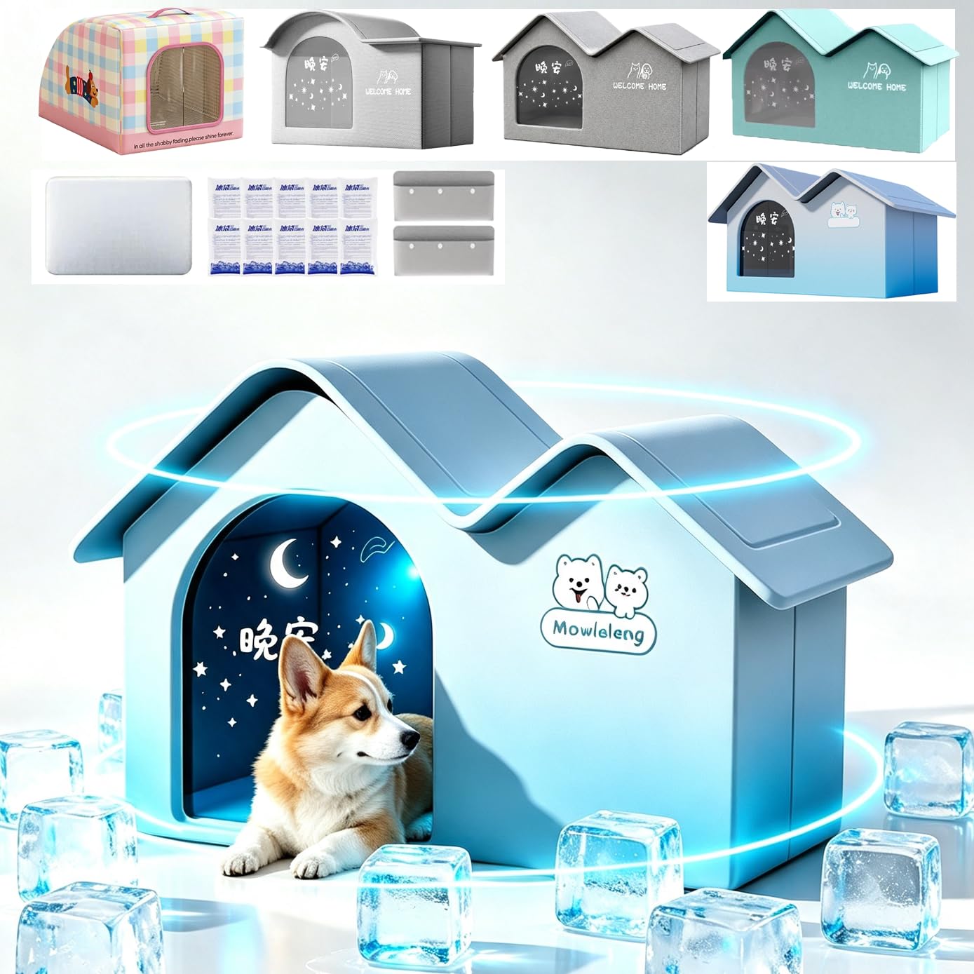 All‑Season Outdoor Cat Cooling House Weatherproof，Dog Tent Cave for Indoor in Summer or Winter with Ice Packs, Door and Soft Mat, Foldable Leak‑Proof Breathable Passive Heat‑Resistant Shelter for Pets