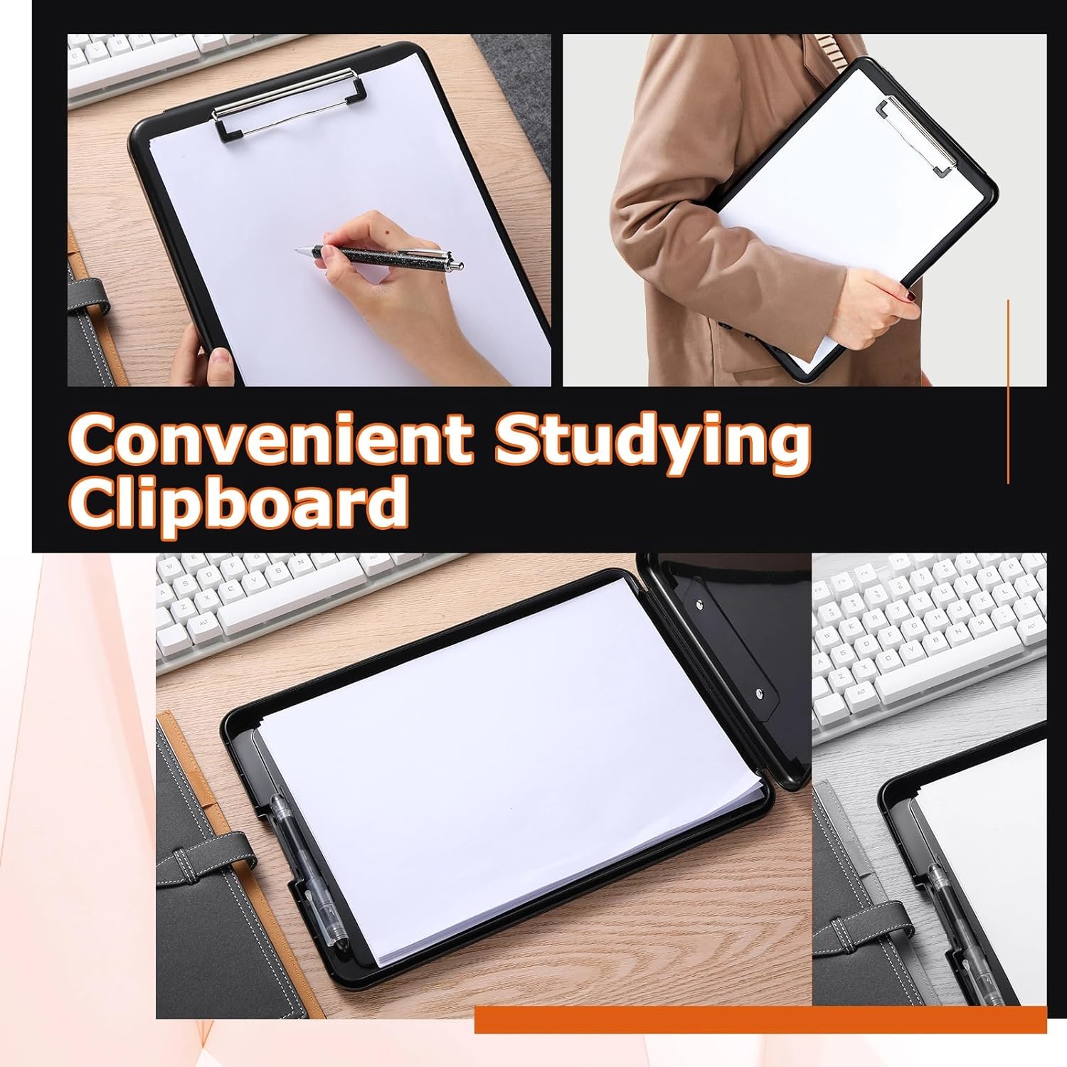 6 Pieces Clipboard with Storage 9.5 x 13.5'' Plastic Nursing Clip Boards with Pen Holder High Foldable Binder Folder Paper Organizer for Nurses Teachers Back to School Office Supplies(Black)