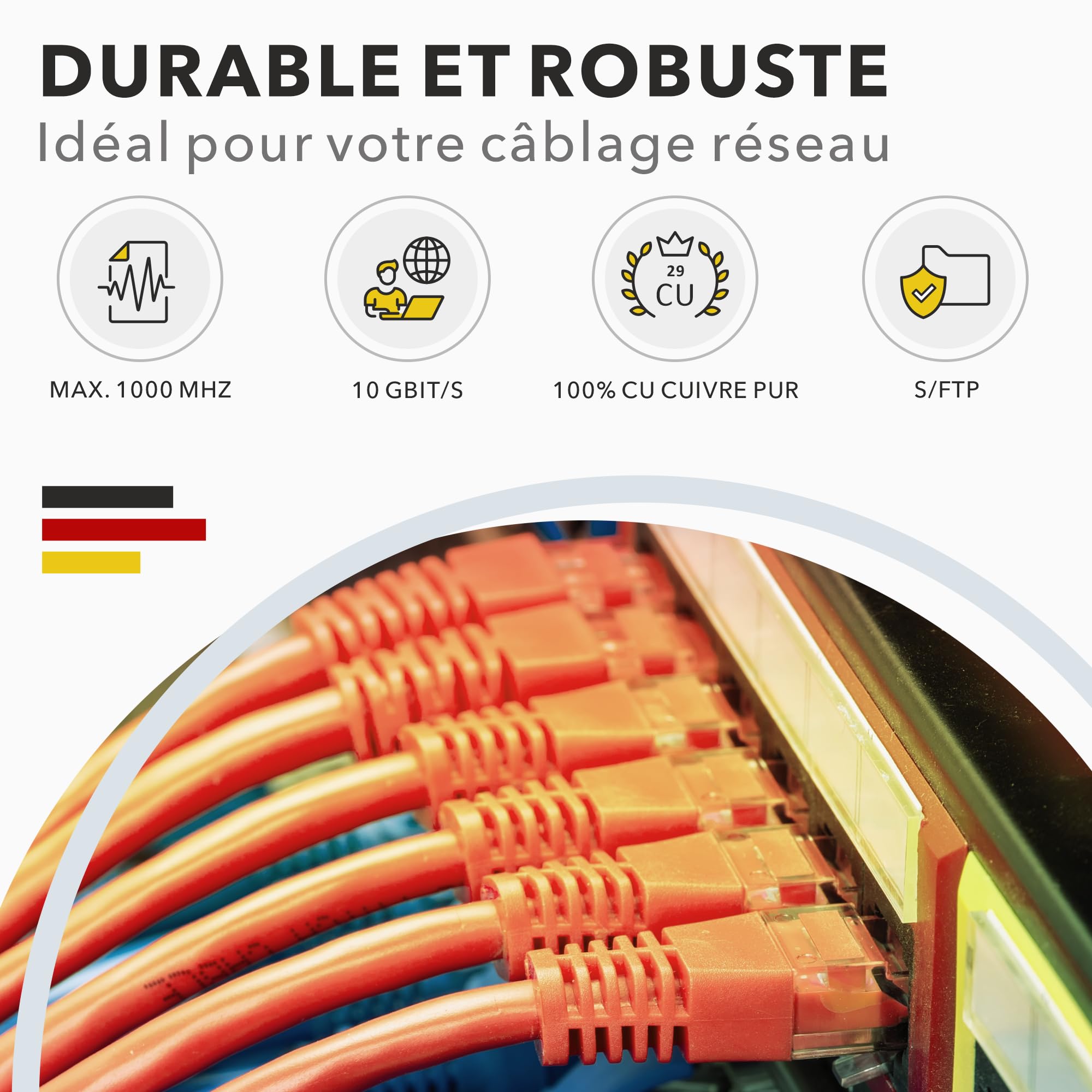 RedStar24 Câble de Réseau CAT 7 50m - Câble Ethernet CAT7 Gigabit S/FTP, Conducteurs en Cuivre Pur, Câble d'installation sans halogène PIMF POE 10Gbit LAN, Norme AWG 23/1, Gaine LSZH