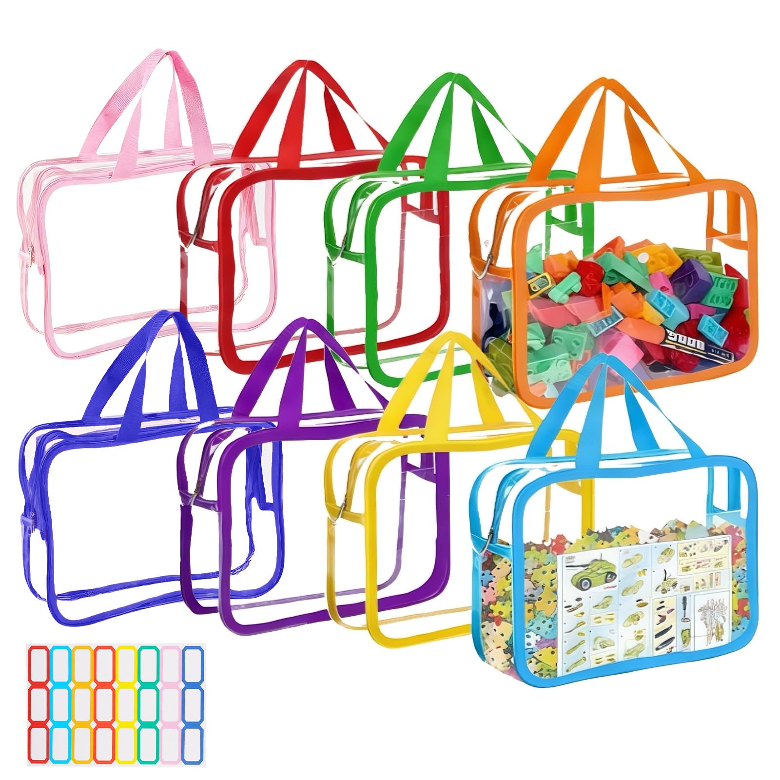 VEGCOO 8 Pcs Toy Storage Bags, Extra Large Clear Toy Storage Bags 35x24x18cm, Zipper Toy Organiser Bags PVC with Blank Label for Building Blocks, Puzzles