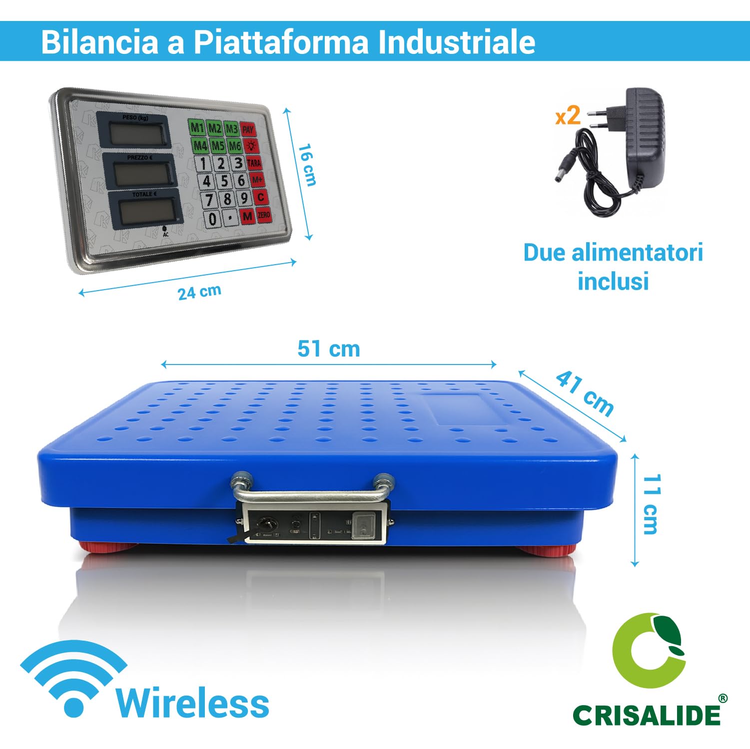 Crisalide Báscula de plataforma industrial inalámbrica 300 kg – Pantalla LED, plataforma de acero inoxidable, recargable con cable – 2 fuentes de alimentación incluidas – Báscula profesional