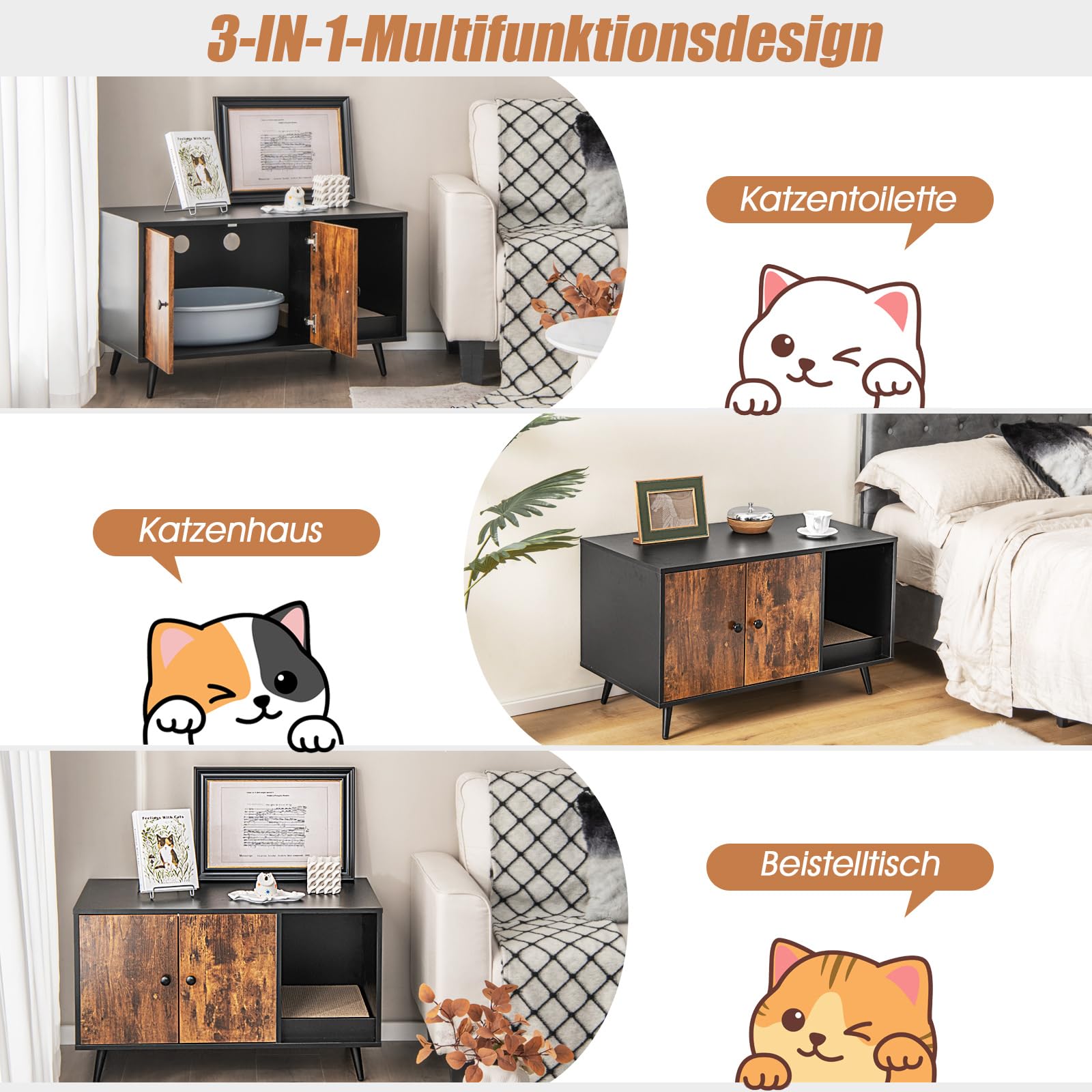 GOPLUS 2 in 1 Katzenschrank für Katzentoilette, Katzenhaus Holz mit Türen, Stahlbeine, abnehmbare Kratzbox, Wasser- und Kratzfest, Katzenhöhle für Katzen Haustier, 90x50x50cm (Vintage)