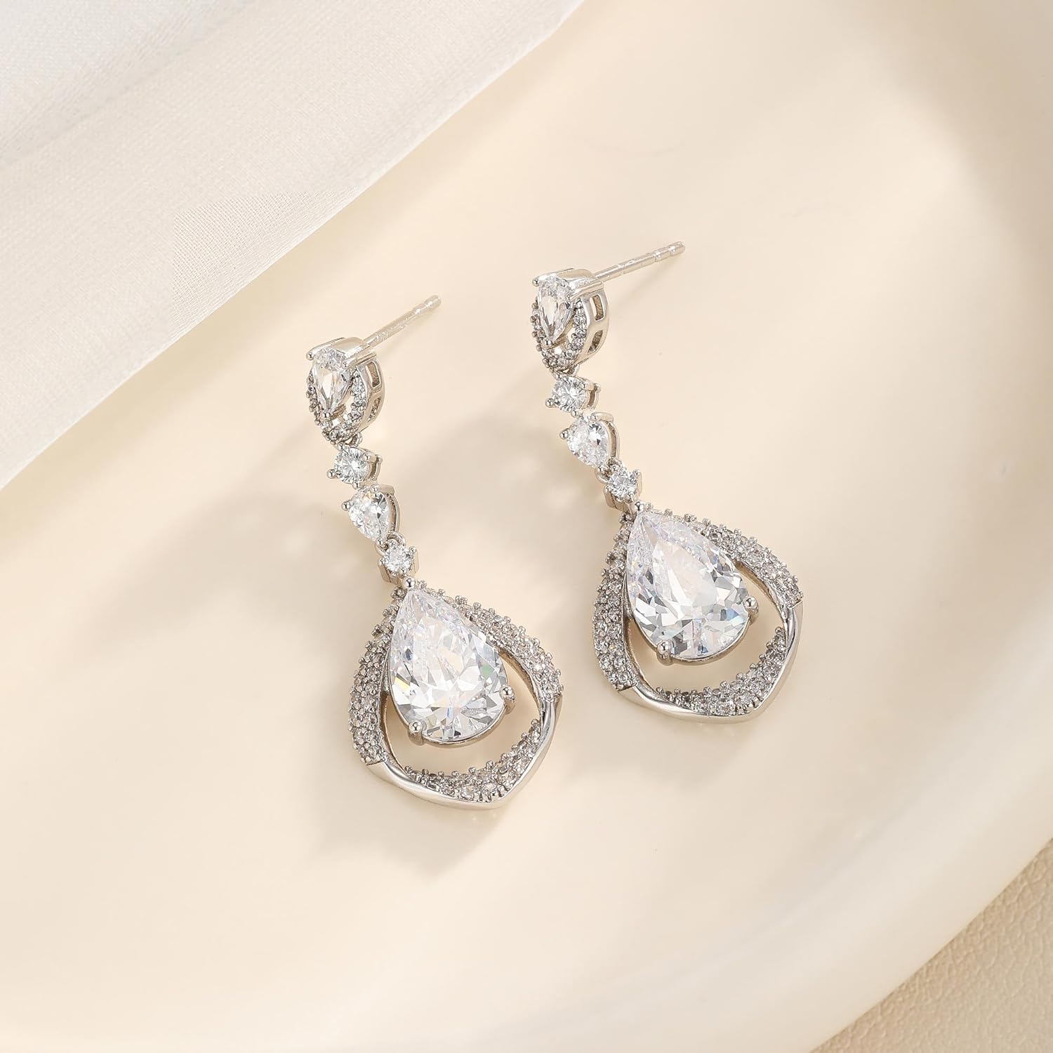 EVEVIC Trendy Austrian Crystal Teardrop Halo Hollow Drop Earrings for Women 14K Gold Plated Dangle Earring Hypoallergenic Jewelry Gift - Image 3