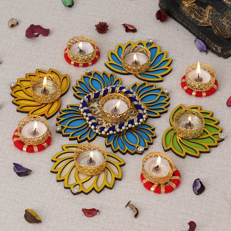 Image of Sanvatsar Decorative Lotus Diya Set | Blue, Floral Scented, 9 Count, Diya Set, Candle Holder, New Year, Diwali, Wedding, Birthday, Blue, Plastic, Designer, Decorative, 16x16 Inches, 5x6 cm, Indoor Use