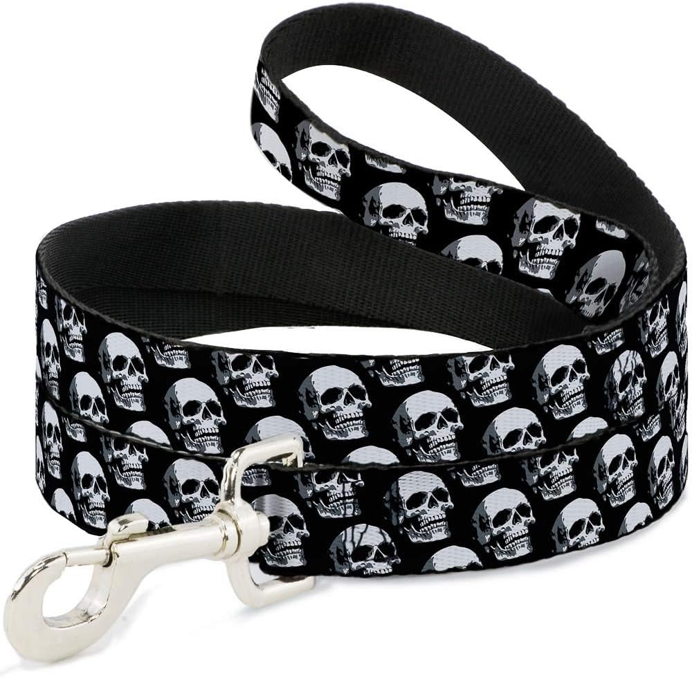 Buckle-Down Pet Leash - 3-D Skulls Repeat Black/Grays/White - 6 Feet Long - 1" Wide