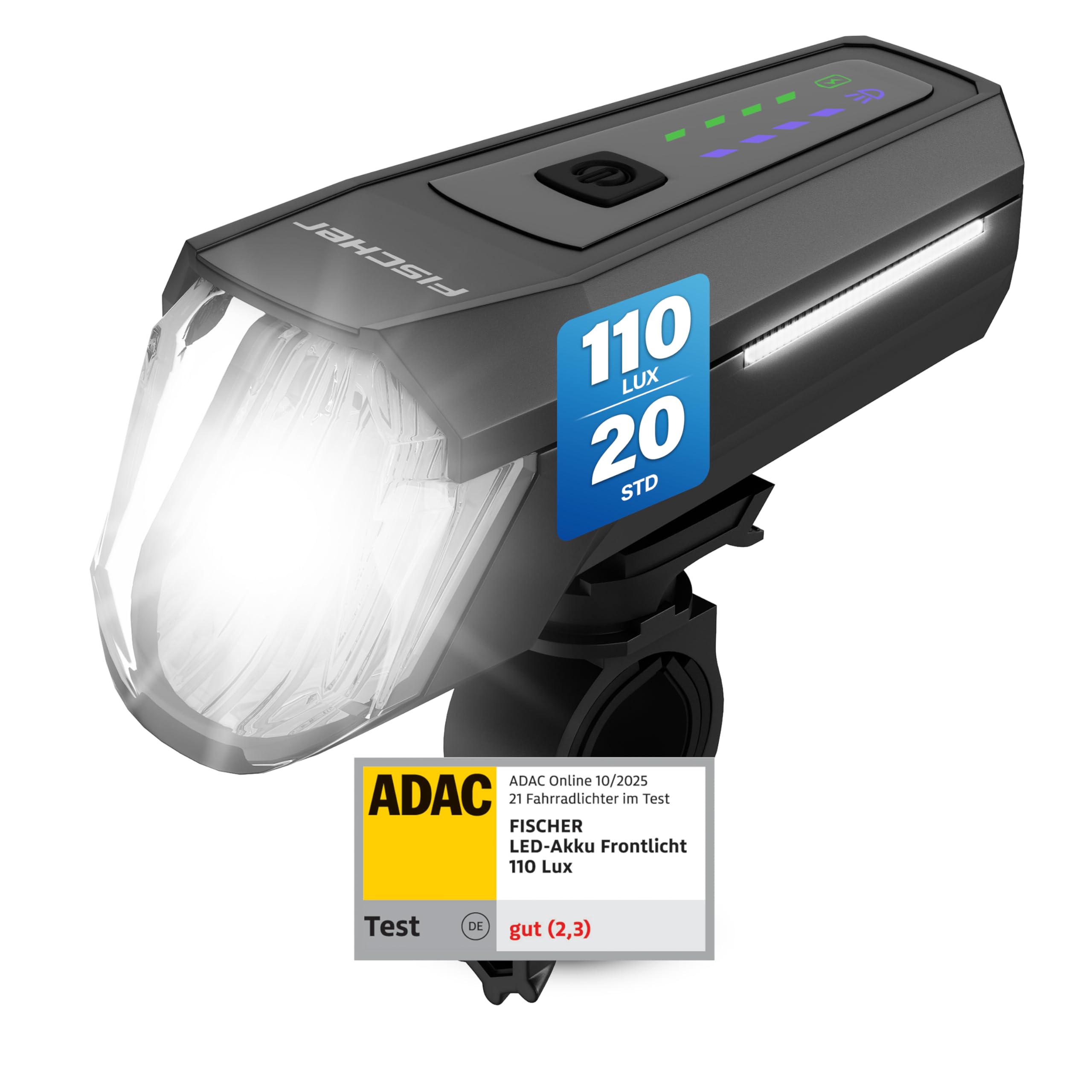 FISCHER Fahrrad LED-Frontlicht 110 Lux, mit Sensormodus, Leuchtweiteneinstellung, bis zu 20 Stunden Leuchtdauer, schwarz, 1 Stück