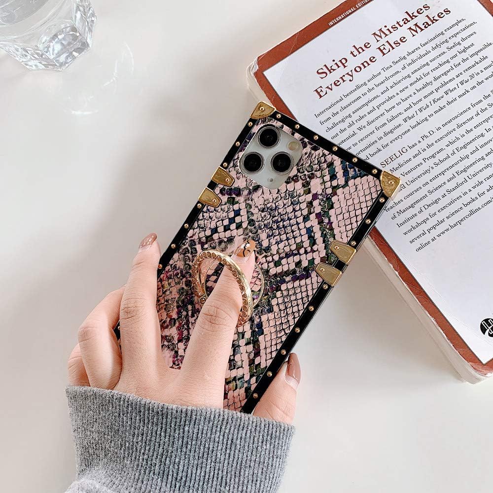 Square Snakeskin Phone Cases Compatible with iPhone 13 pro with Diamond Ring Holder Stander Shockproof Luxury Back Covers Shell(Snakeskin Gold,iPhone 13 Pro 6.1'')