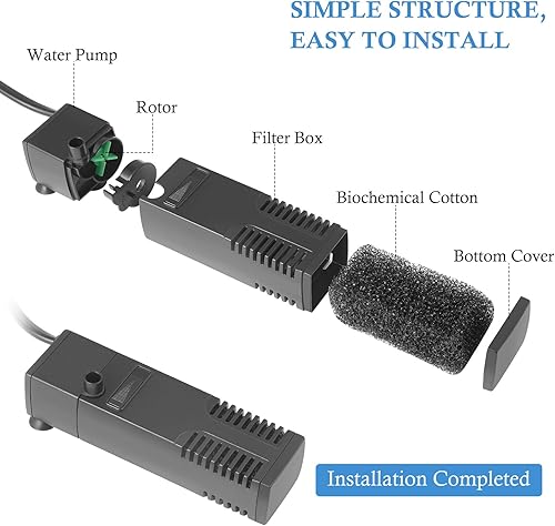 Miniatura 7 de FEDOUR Filtro interno sumergible para acuario, filtro con bomba de agua para peceras de hasta 35 galones (para 3-20 galones)