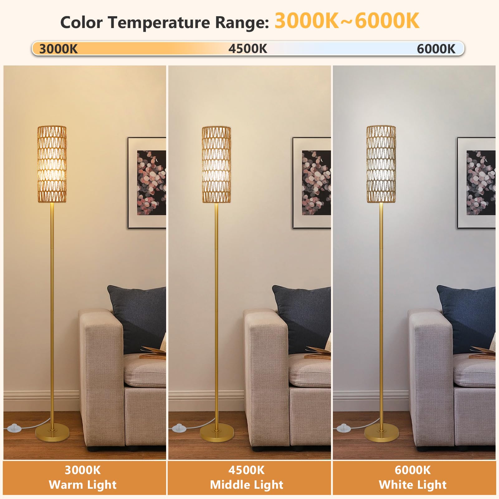 Rayofly Doré Lampadaire Réglable et Télécommandé, Contrôle par App, en Rotin avec Abat-jour en Rotin & Lin, Moderne pour Salon, Chambre, Bureau (Ampoule Incluse)