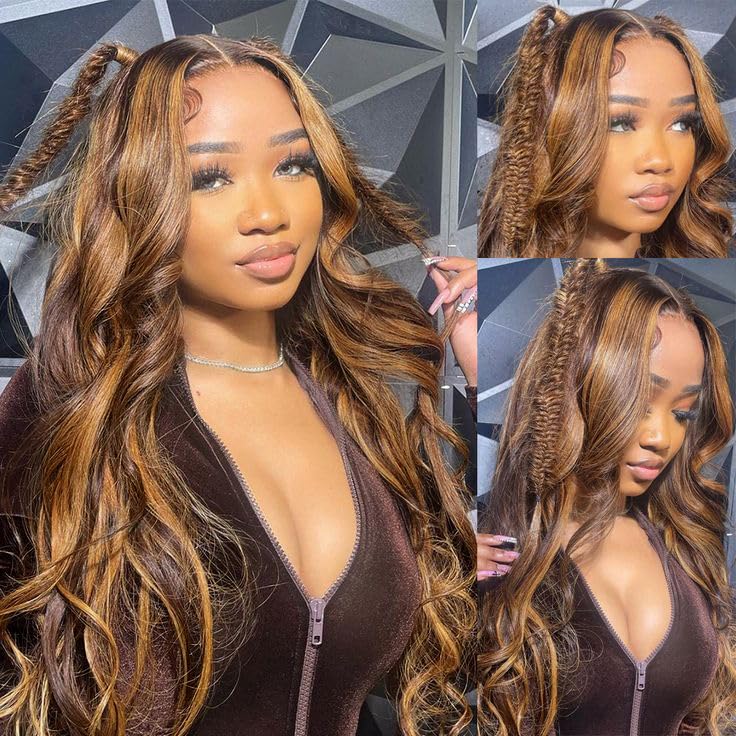 KeaBalo 28 Inch Highlight Ombre Lace Front Wig Human Hair Pre Plucked Body Wave Frontal Wigs 180% Density 4/27 Colored 13x4 Honey Blonde Lace Front Wig Human Hair for Women 28 Inch highlight lace front wig