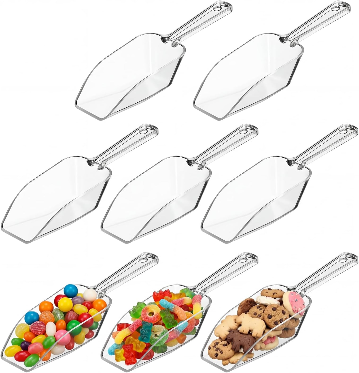 Hestya 8 Pcs Multi Purpose Clear Plastic Scoops for Candy Buffet Acrylic Kitchen Ice Food Popcorn Scoops for Protein Powders, Ice Cream, Coffee, Tea Jar (6.7 Inch)