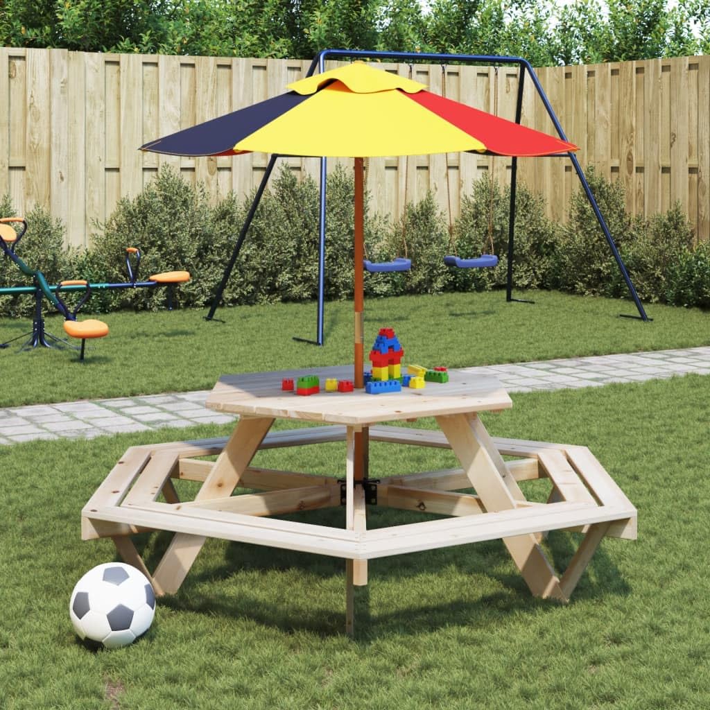 Tavolo da picnic per 6 bambini, con ombrello, esagonale, in legno massello di abete