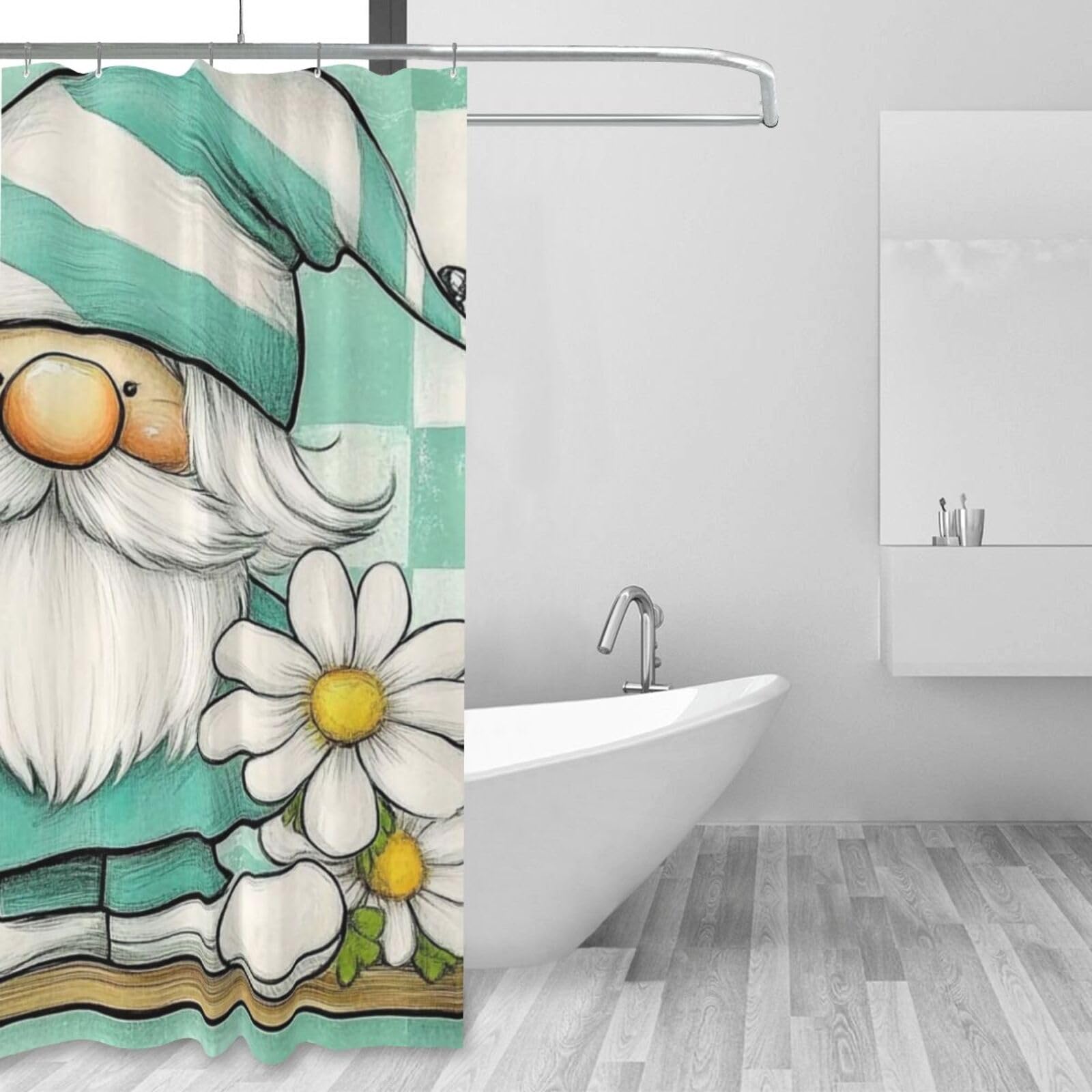 Cortina de ducha de tela de poliéster impermeable con estampado de mariposas y margaritas, 152 x 183 cm, con 12 ganchos, secado rápido, lavable