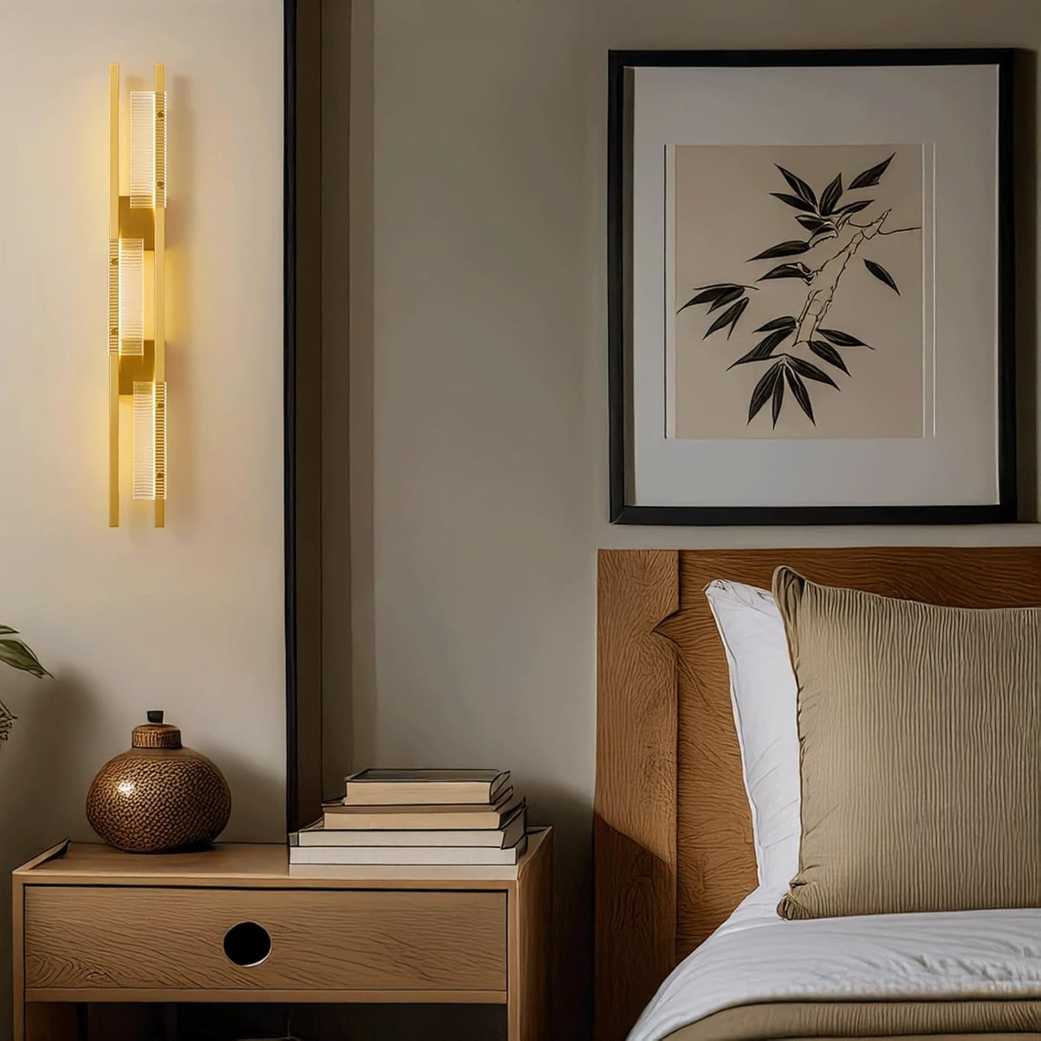 Modern Luxury Wall Sconce Golden Brass Linear Design with Textured Glass Light Strips Up Down for Living Room Bedroom Hallway Stairway Entryway Hotel Restaurant Decorative Art Ambiance