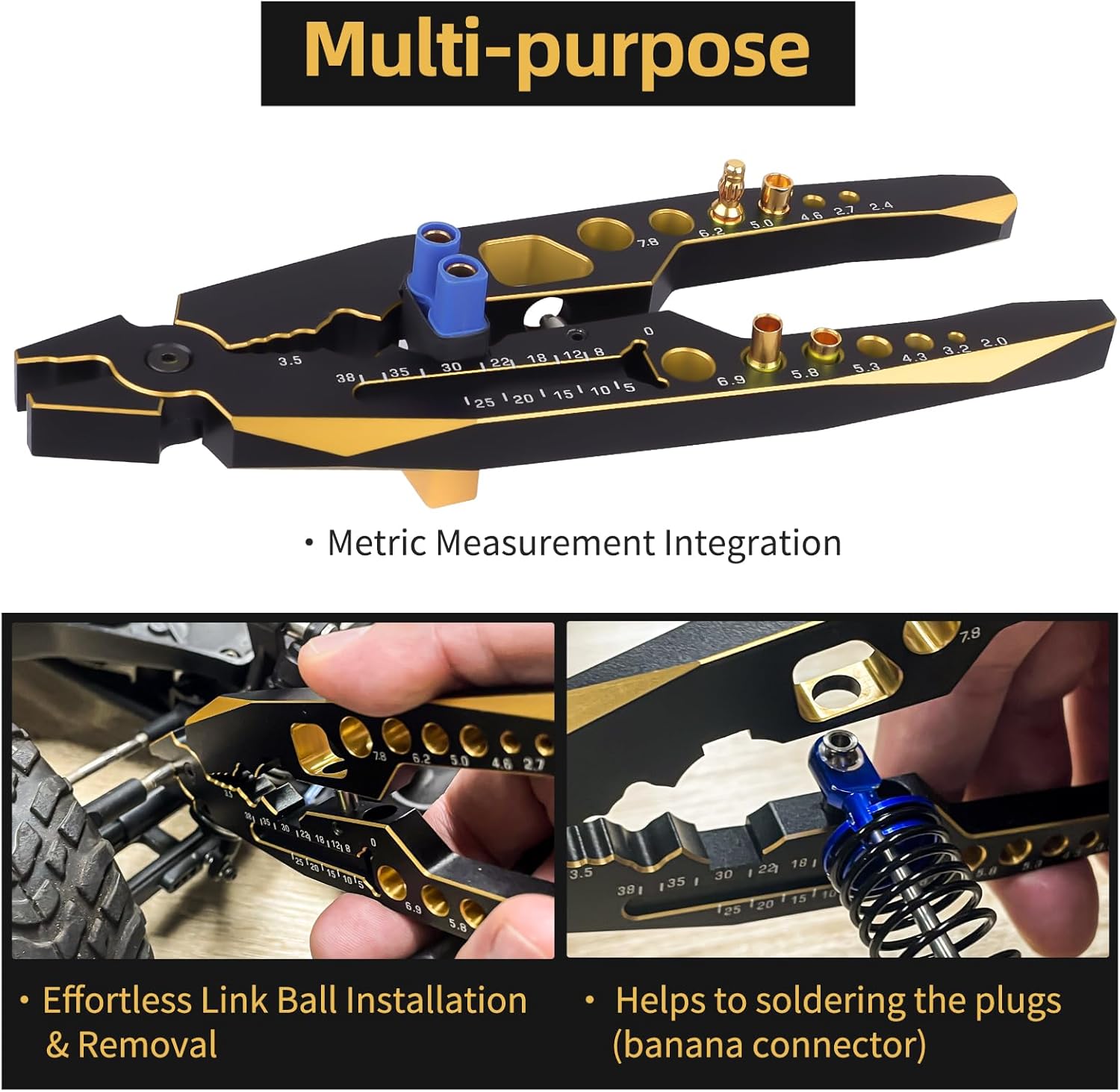 Hobbypark RC Shock Pliers Multi-Function & 1/10 Wheel Wrench Tools for Traxxas Arrma Axial Losi Redcat RC Cars Trucks Rock Crawlers (w/Black-Gold Pliers)