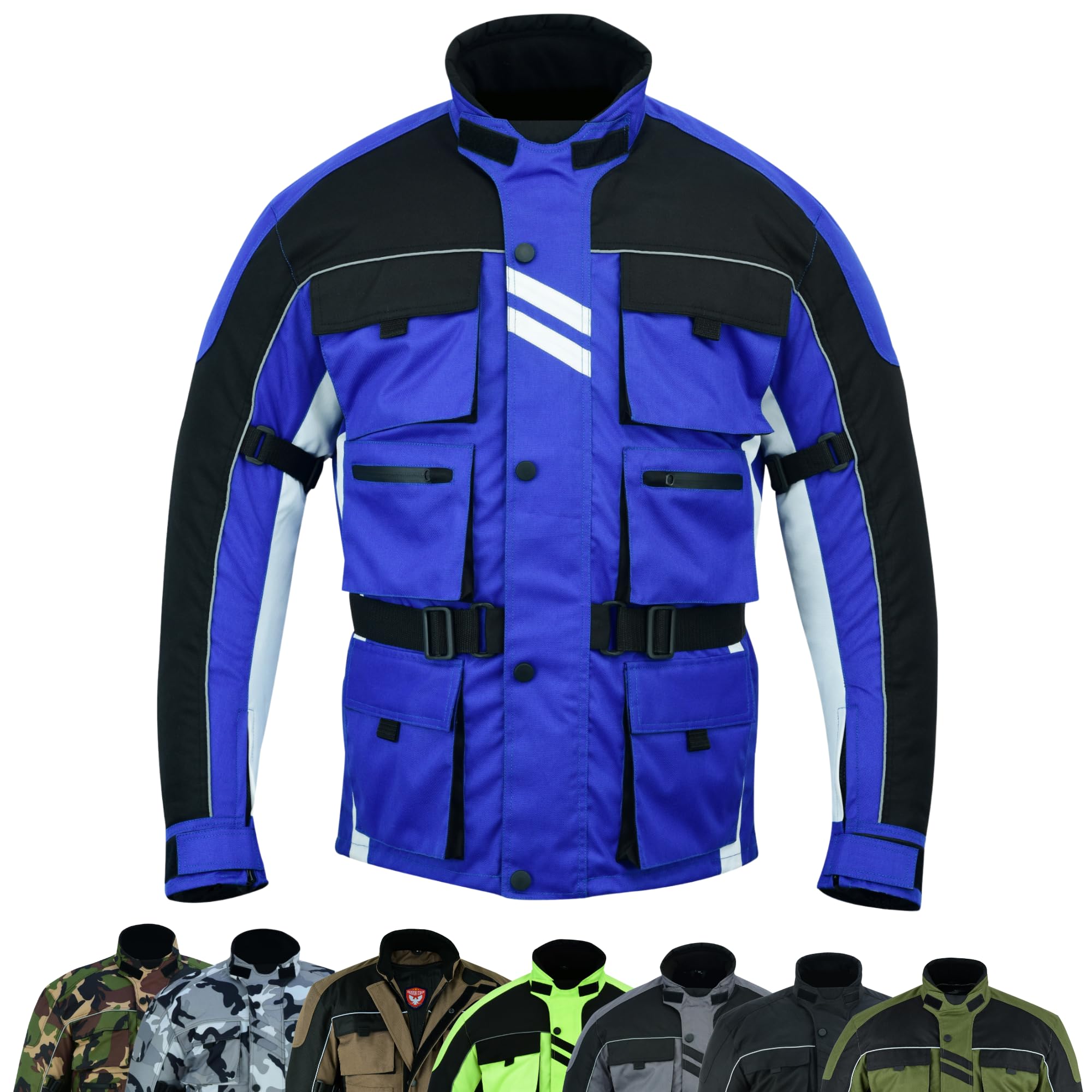 warrior gears 6 Pockets Mens Motorcycle Jacket, Textile Racing Motorbike Jacket, Hi-Vis Biker CE Protective Armored Jackets Mens Waterproof & Mesh Lining Breathable, Blue - Medium