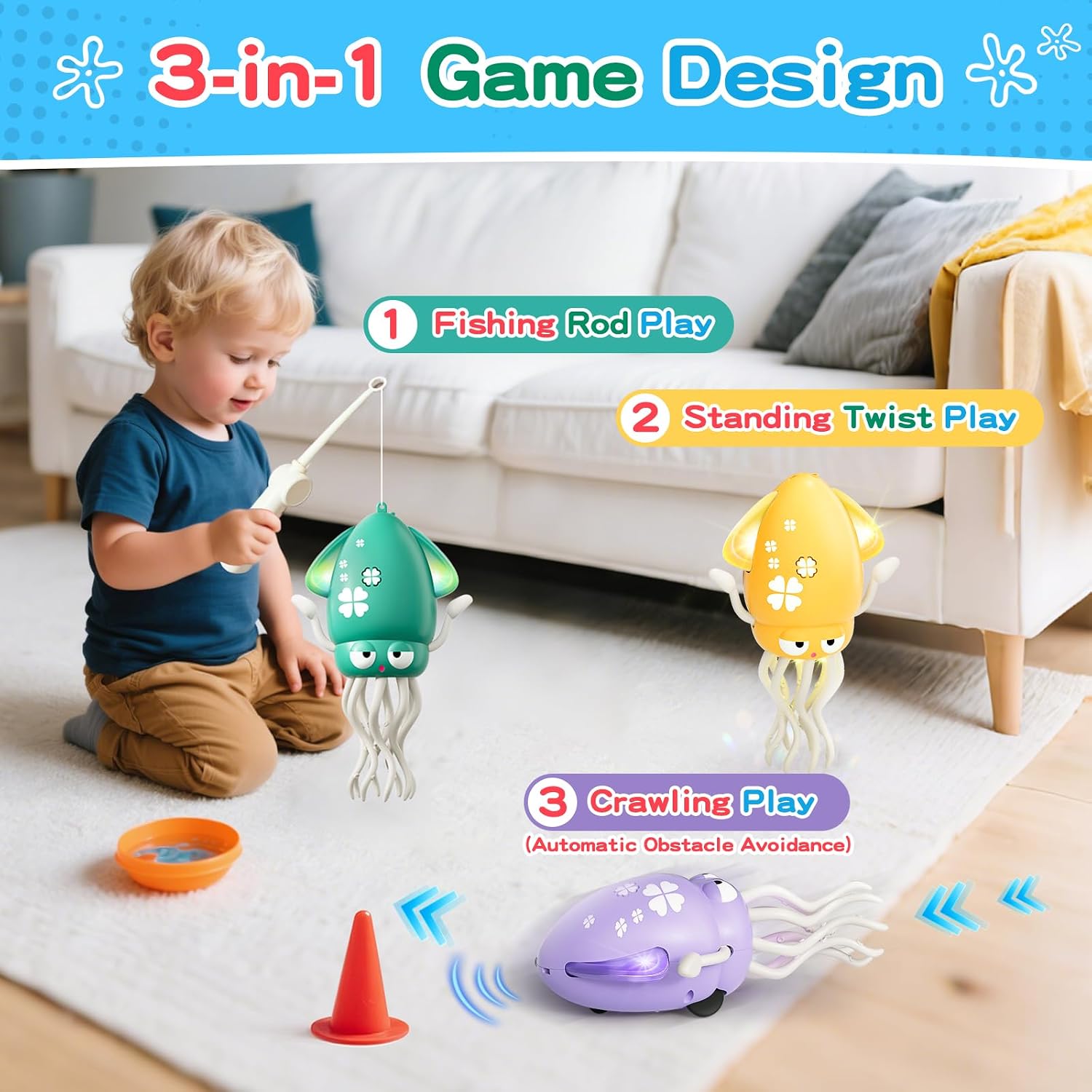 Dancing Squid Tummy Time Toy, Baby Crawling Toys with Music & Lights image 4