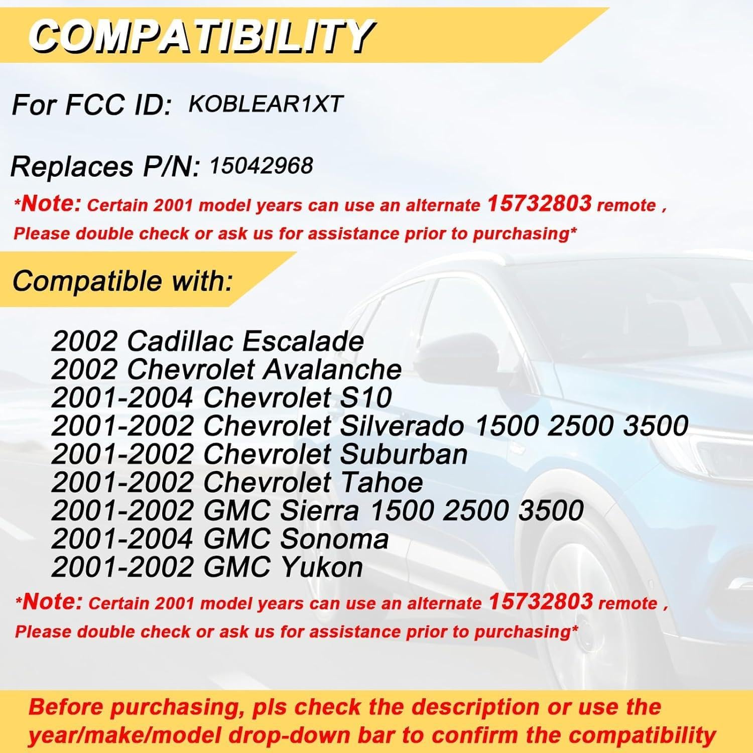 Simple Setup Key Fob Replacement for 2001-2002 Chevy Suburban Tahoe& Sierra Yukon/ 01-04 S10 Sonoma/ 2002 Avalanche& Escalade Car Keyless Entry Remote Control,KOBLEAR1XT 15042968,3 Btn,2Pcs