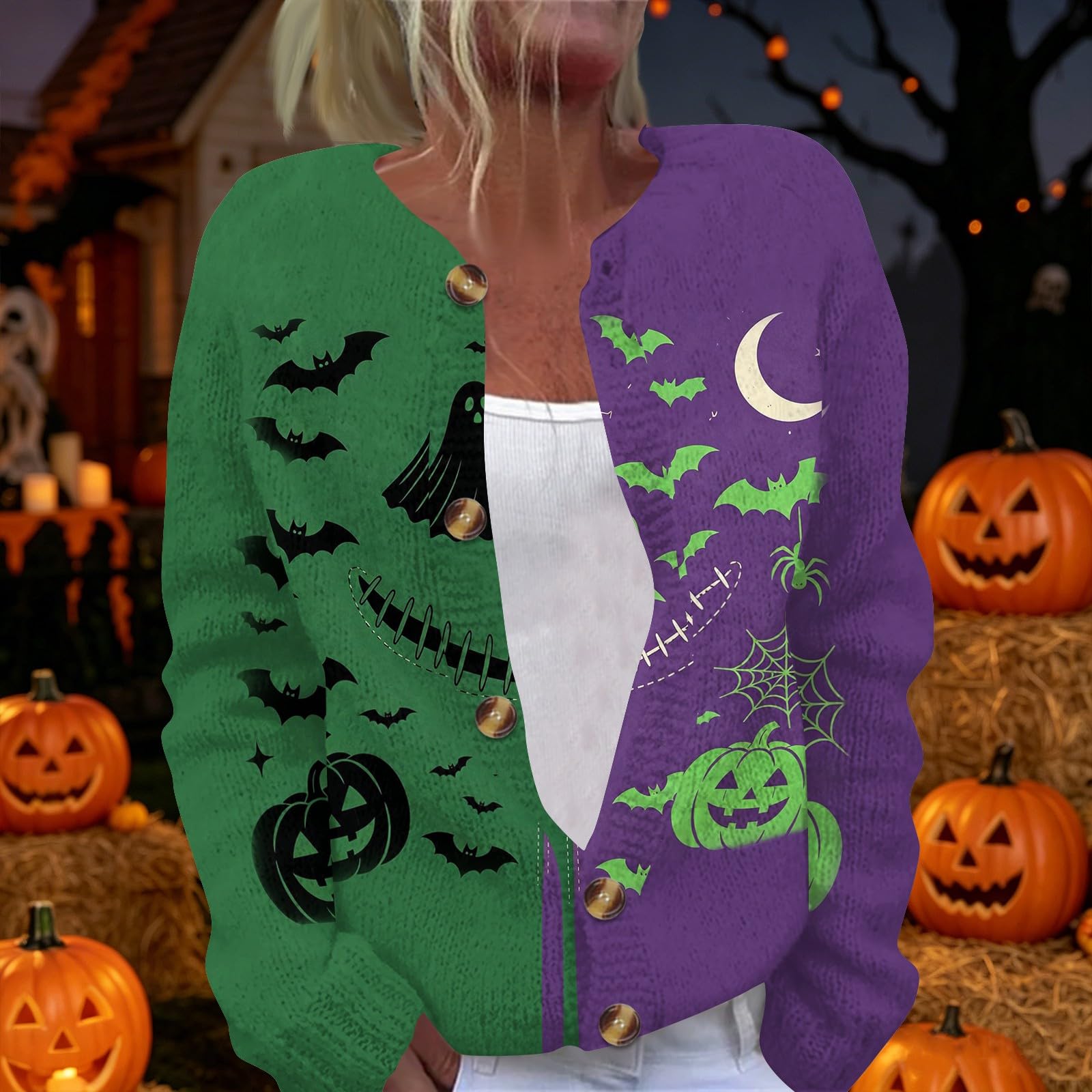 Strickjacke Damen Halloween Cardigan Aufdruck Übergangsjacke Festlich