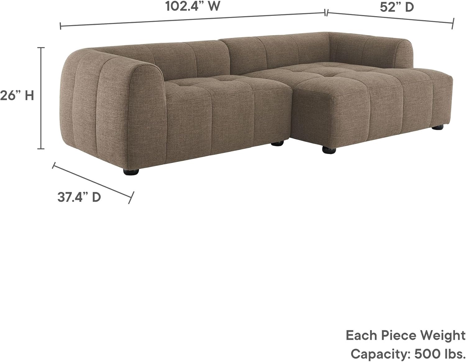 Modway Liana Right-Facing Modular Sofa with Chaise in Mocha - Modern Sectional Sofa Couch Furniture Set - Upholstered Fabric Chaise and Chair for Living Room, Lounge, Apartment