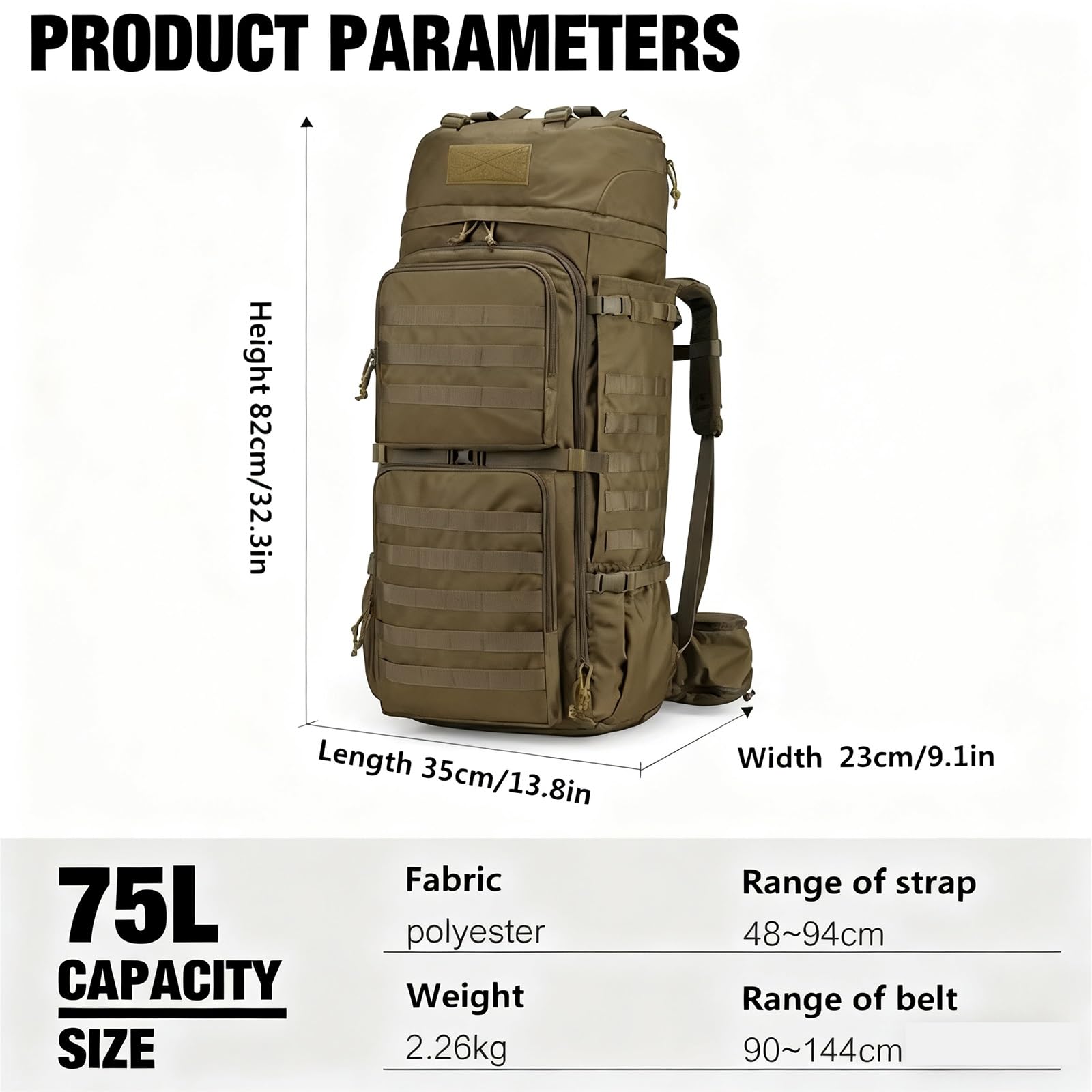 Mochila Táctica 75 L Mochila Militar Grande Mochila con Funda Lluvia Sistema MOLLE | Unisex para Acampar Senderismo Montañismo Excursionismo Desplazamientos Diarios Pesca Caza