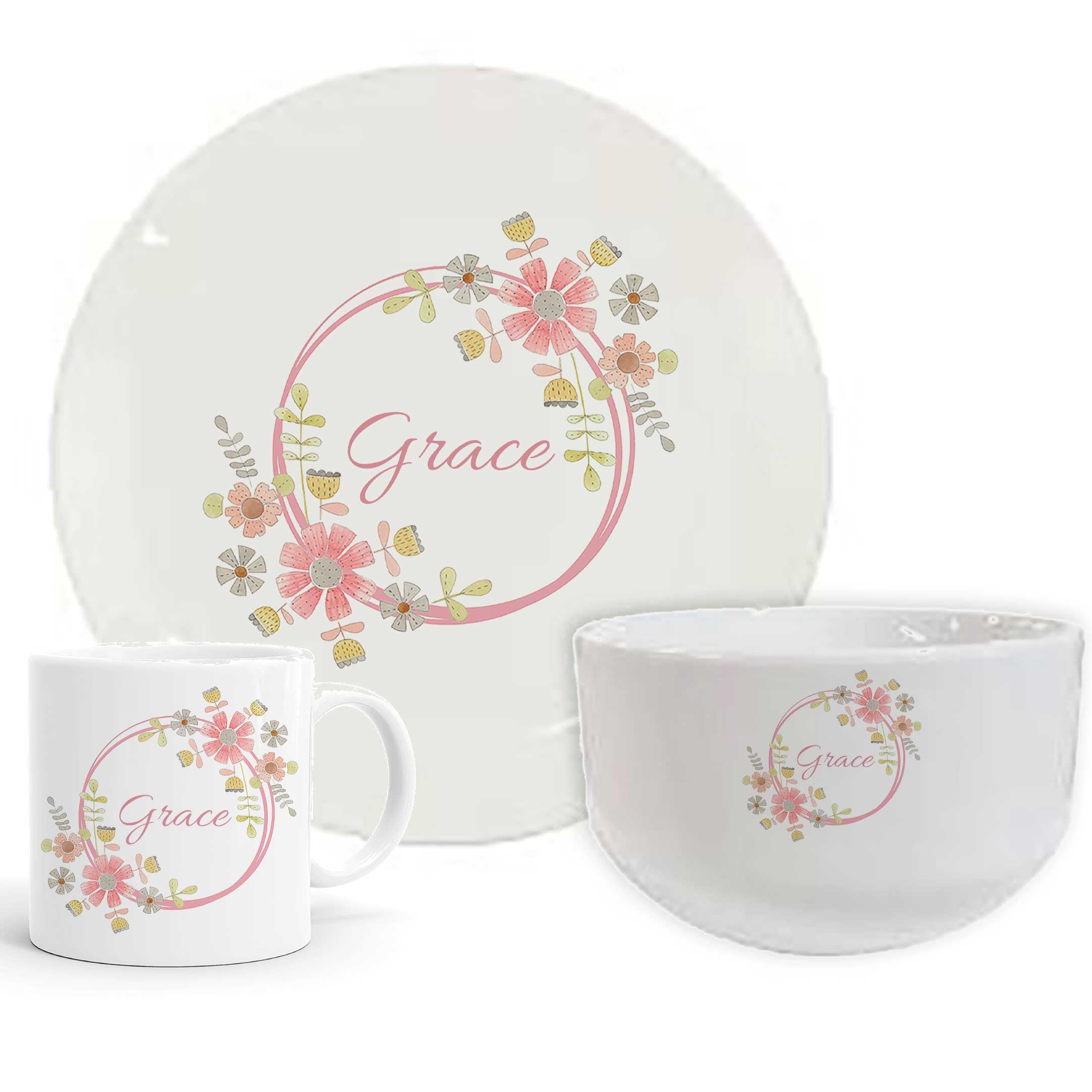 Personalised Baby Christening Dinner Set, New Baby, Newborn, Flowers, 1st Birthday,Gift Set, Plate & Cup, Dinnerware Set, Child's 1st Dinner Set, Birthday Gift.